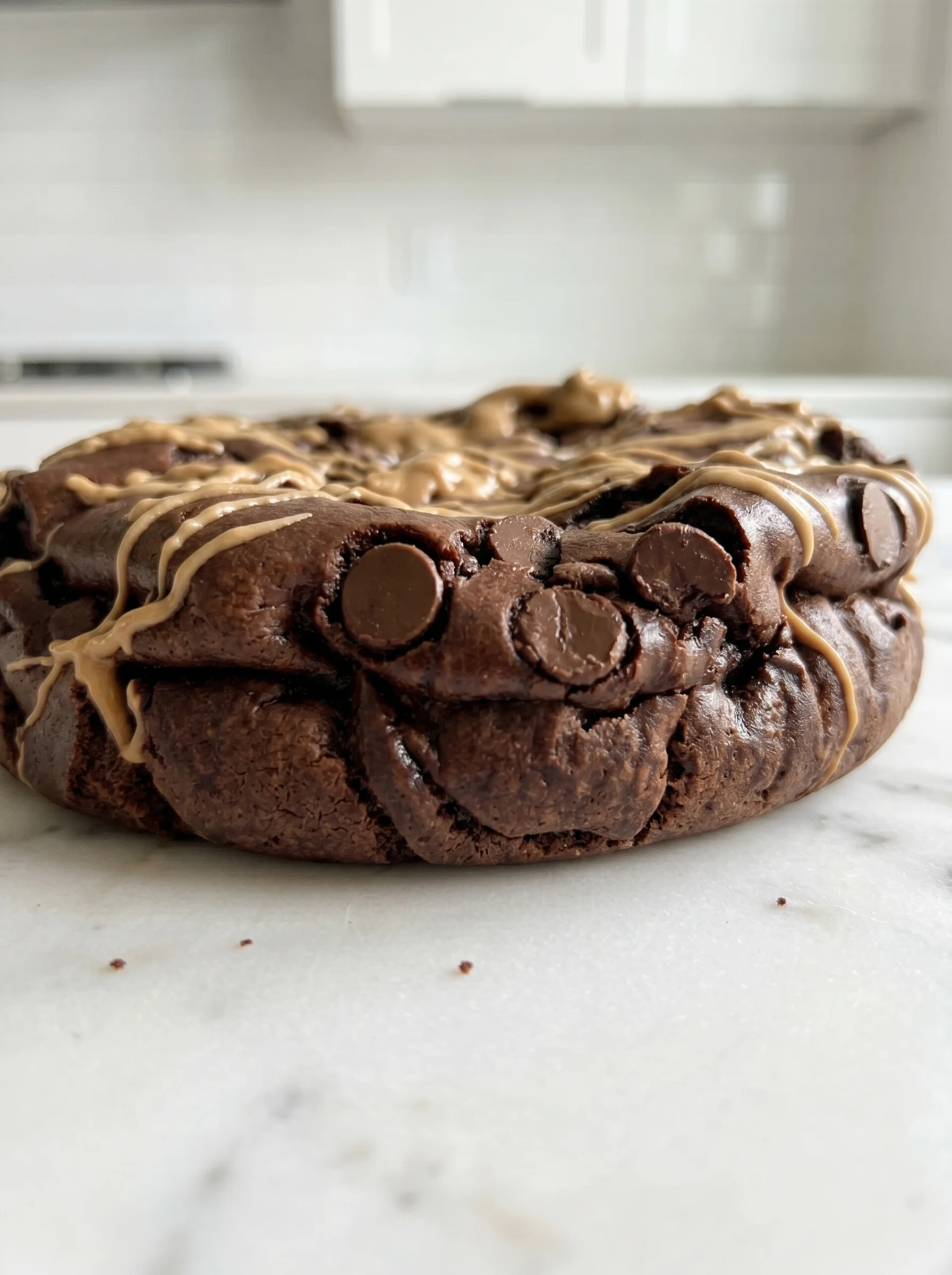 A slice of chocolate cottage cheese cheesecake.