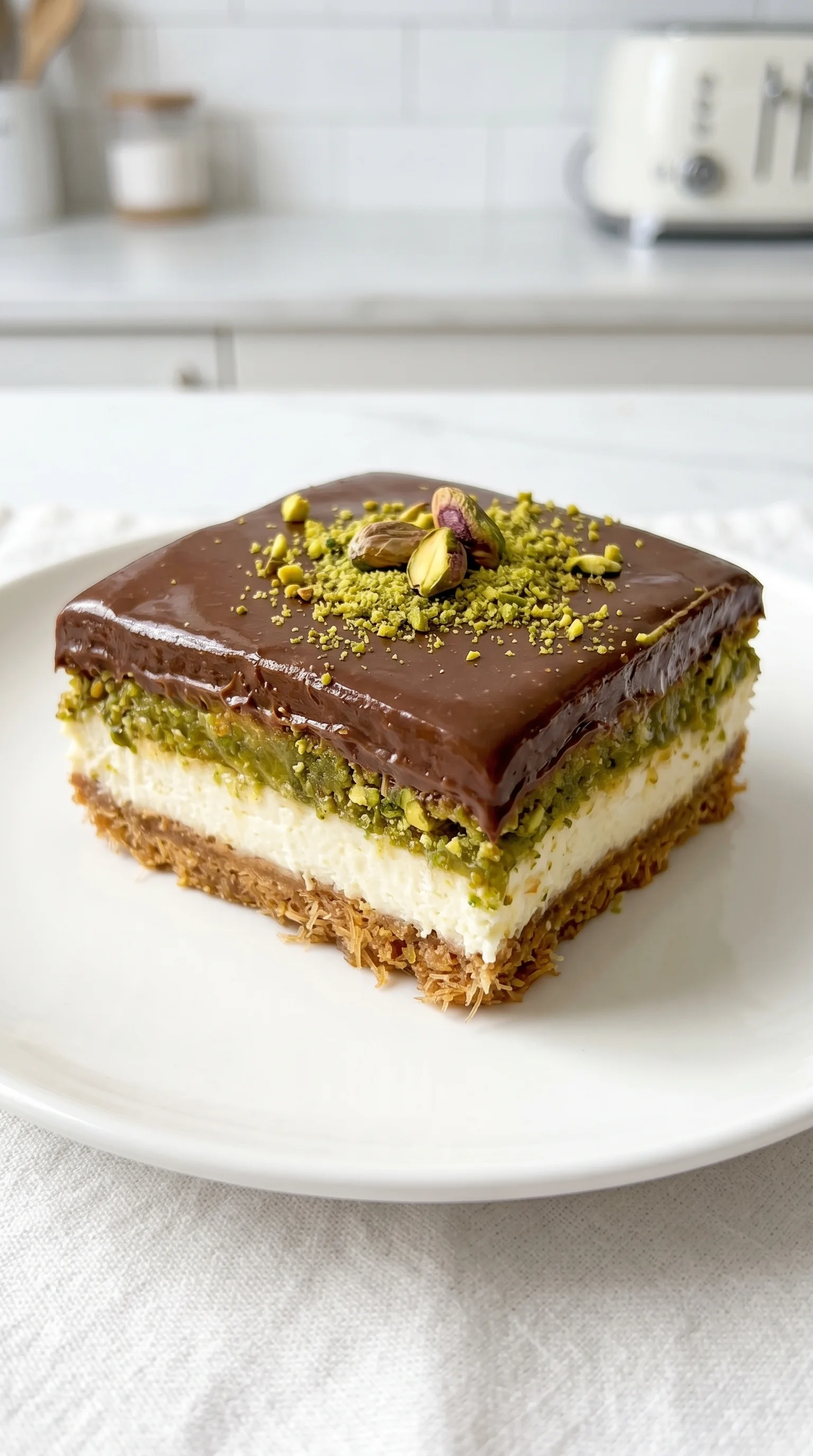 A slice of yummy pistachio kunafa cheesecake bars.