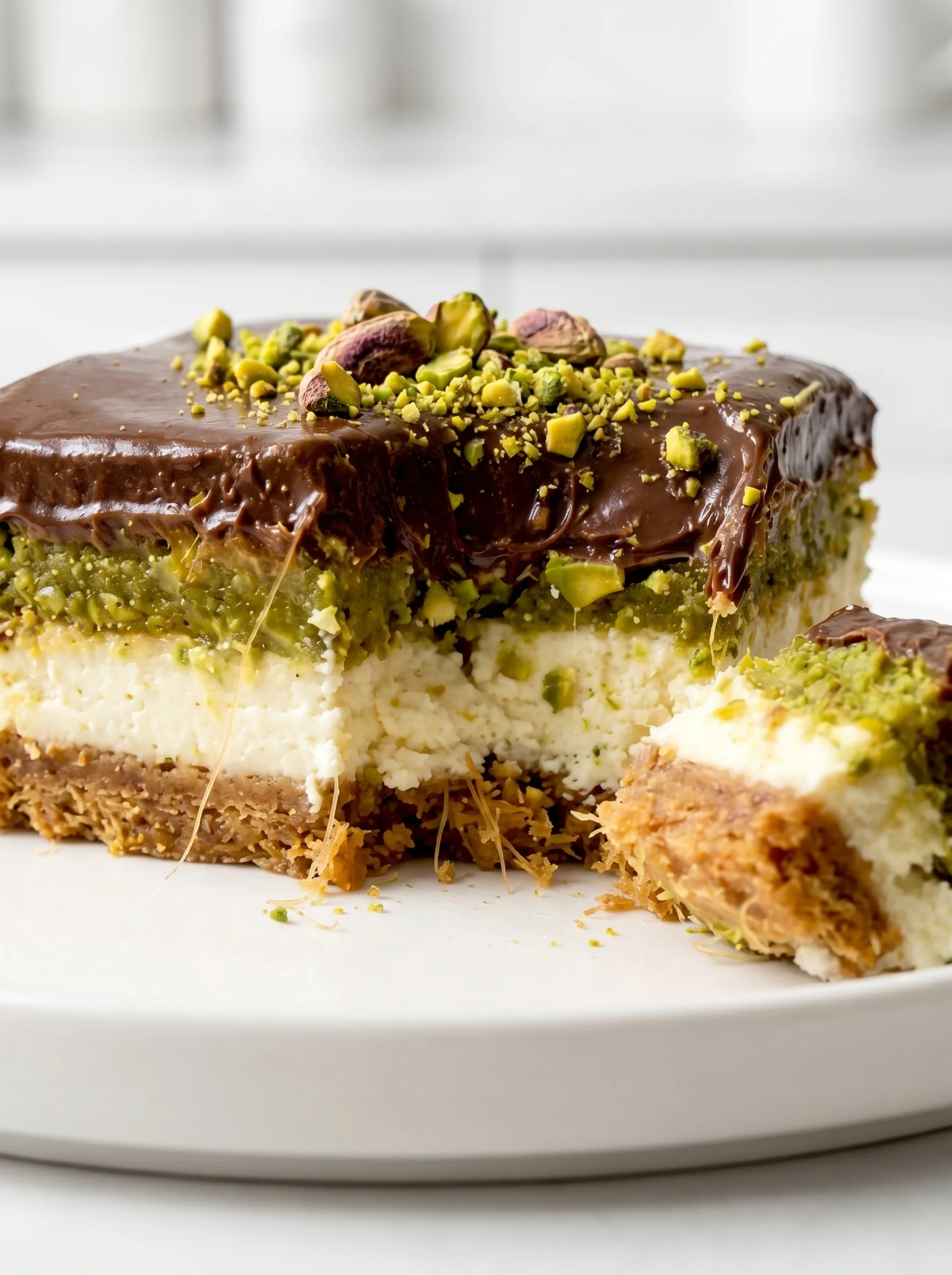 A slice of pistachio kunafa cheesecake bars.