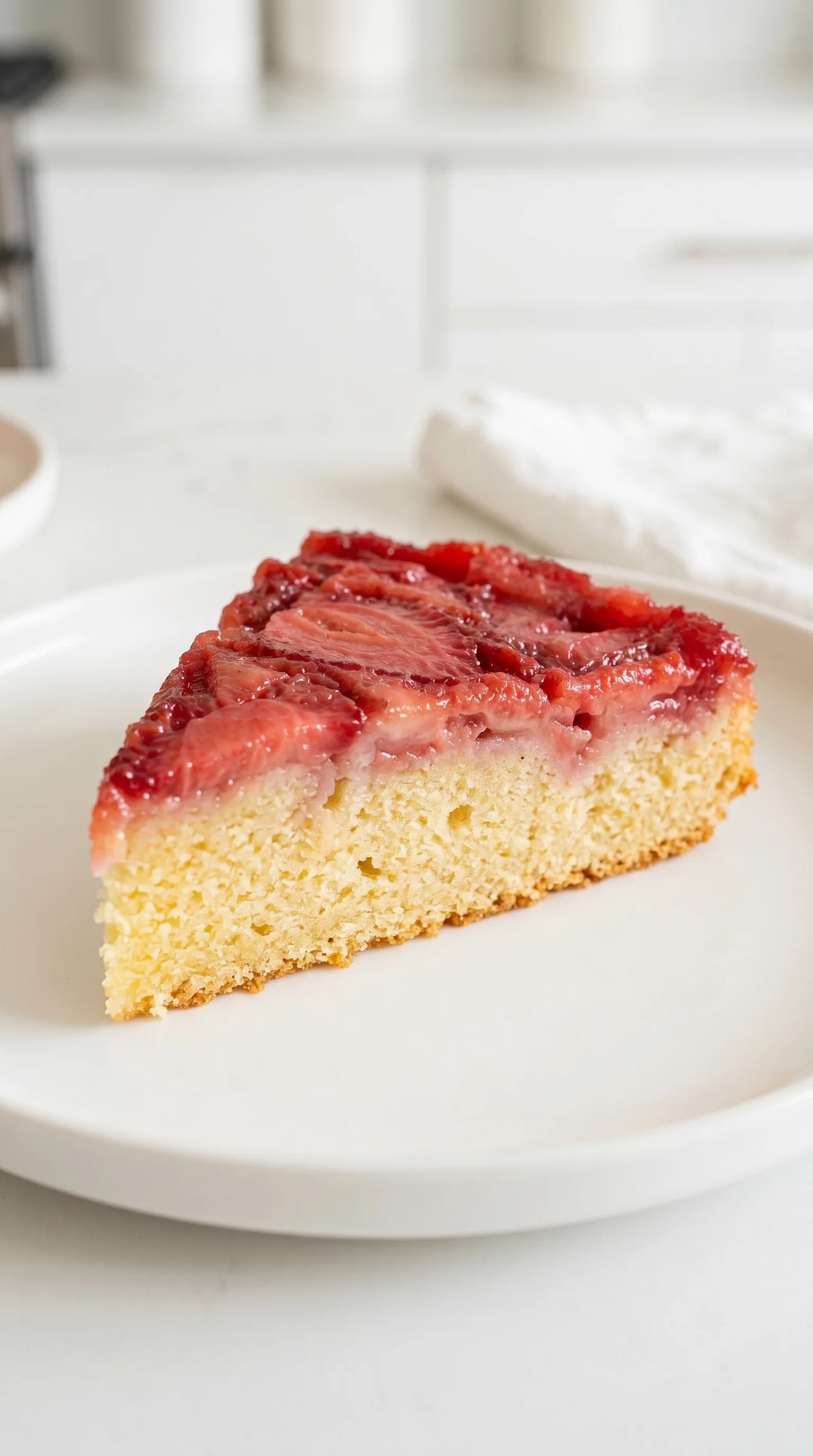 A slice of strawberry upside down cake.