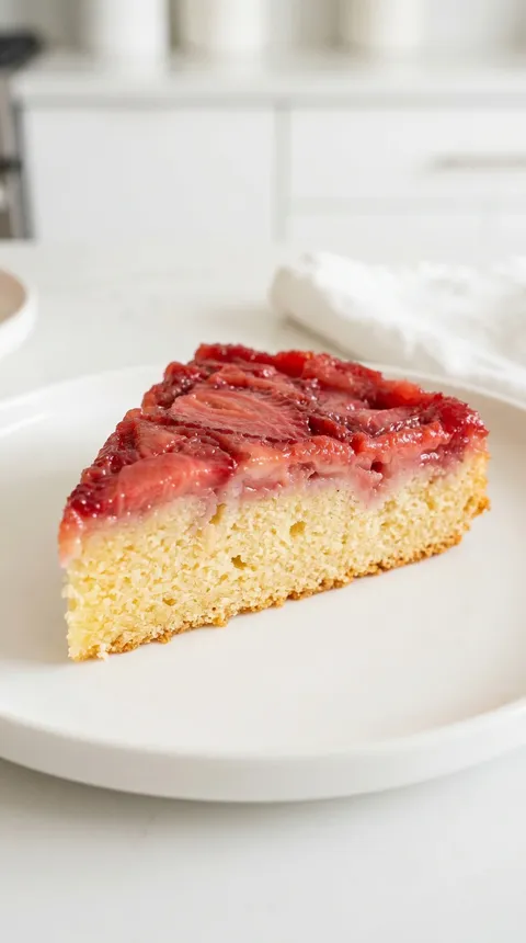 A slice of strawberry upside down cake.