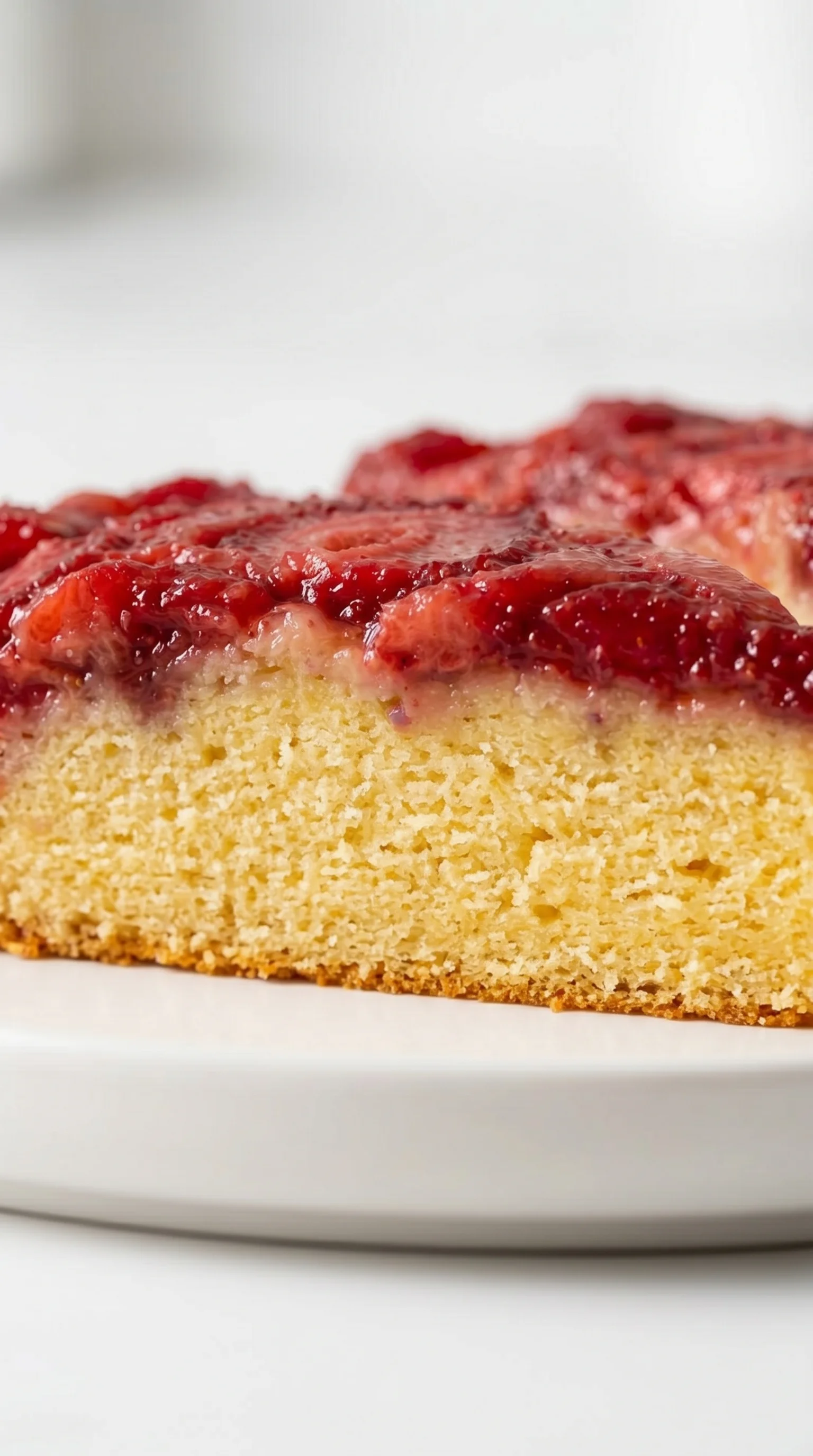 A slice of yummy strawberry upside down cake.