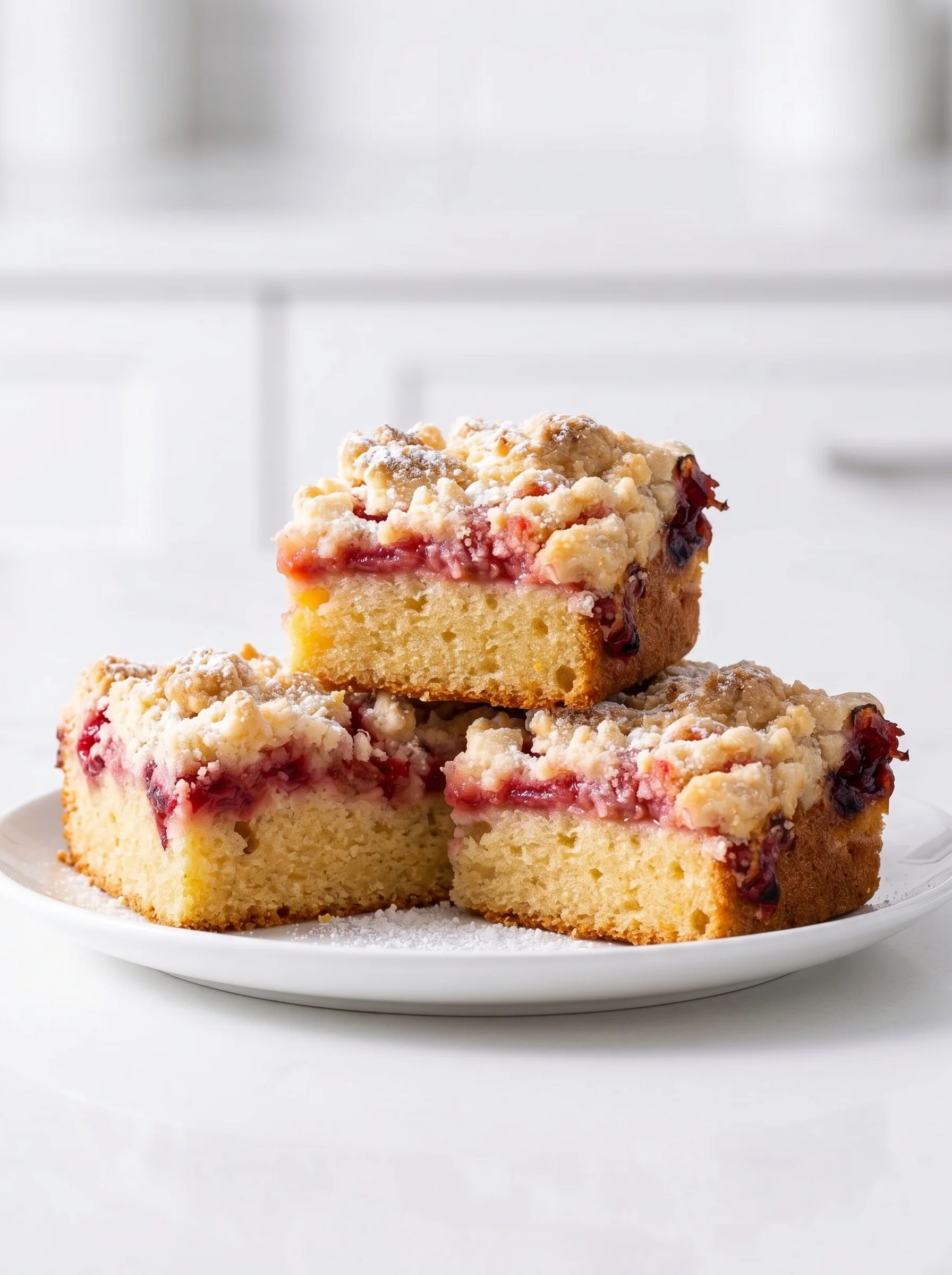 Three pieces of rhubarb crumb cake.