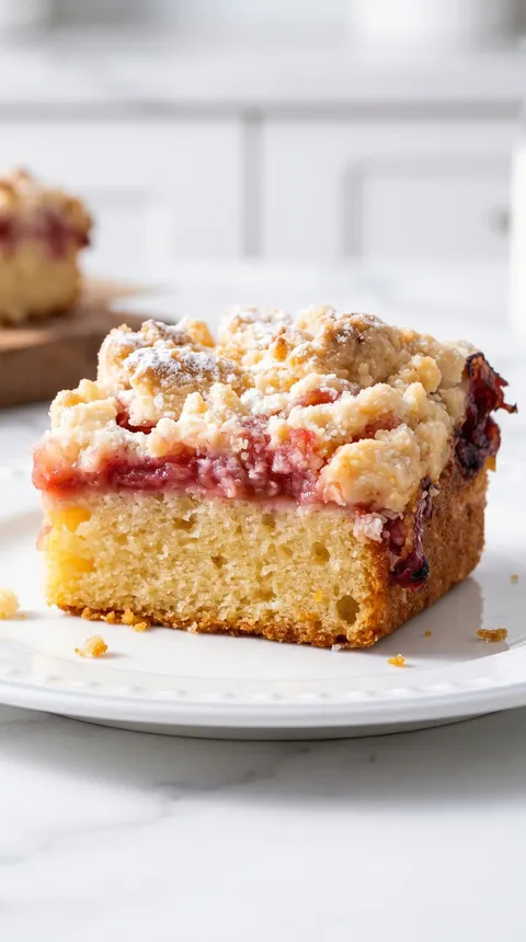 A slice of rhubarb crumb cake.