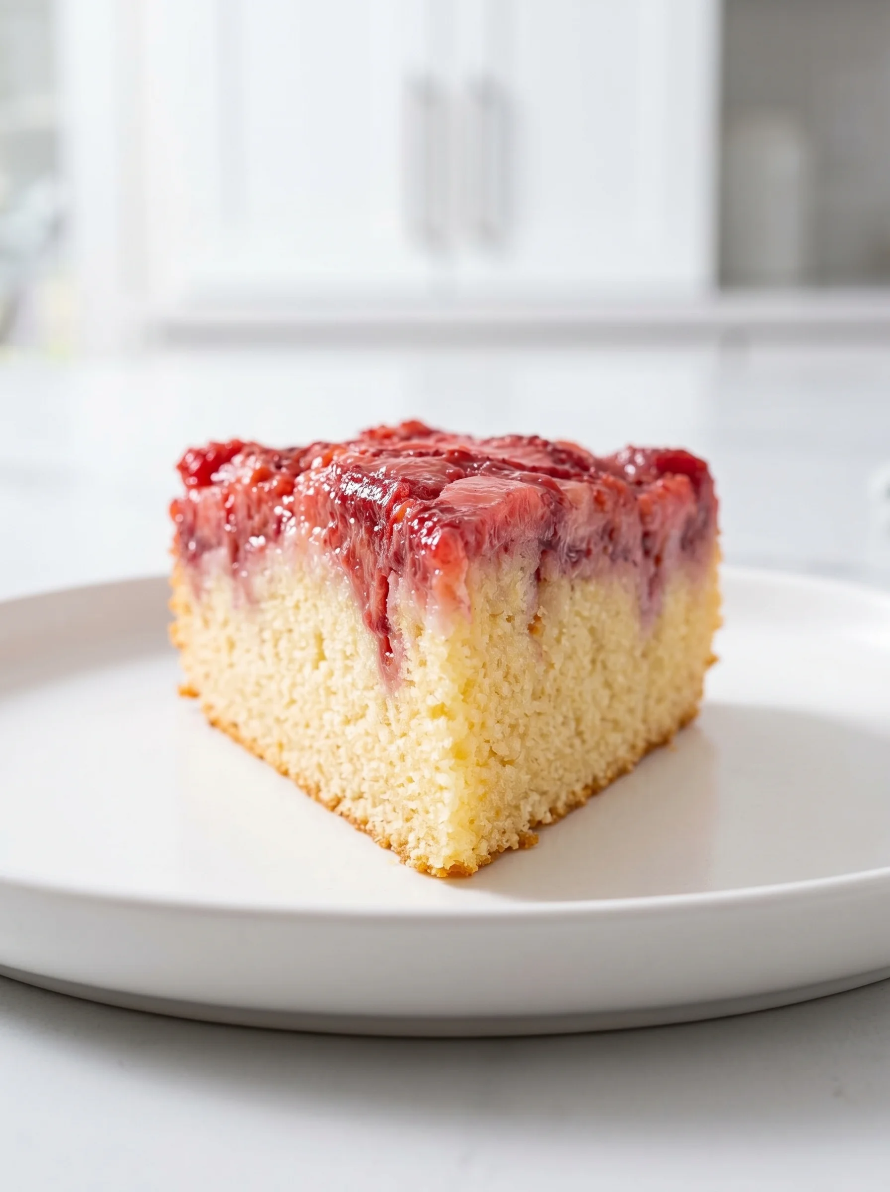 A slice of gluten free strawberry upside down cake.