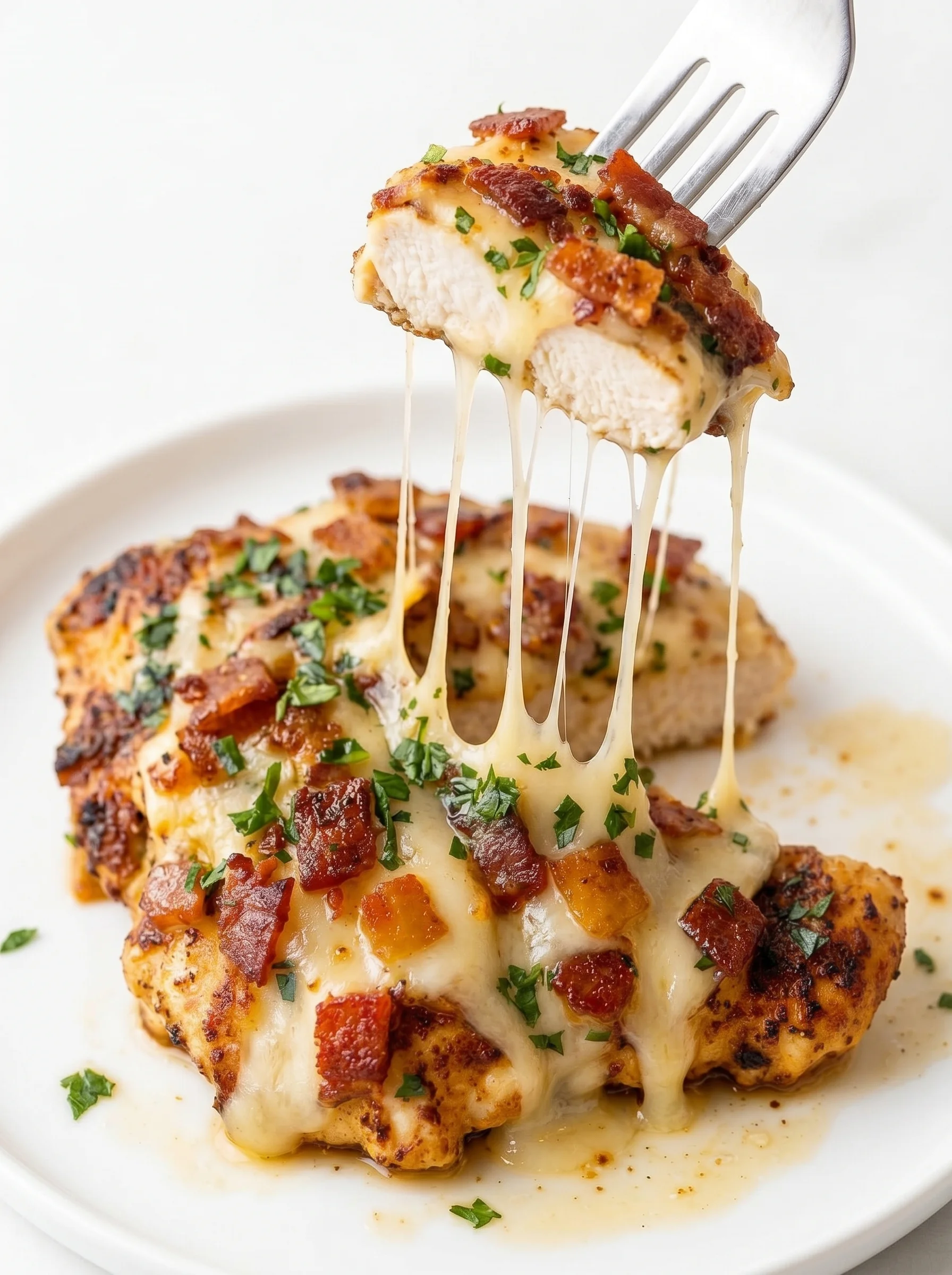 A piece of chicken with cheese and bacon on top.