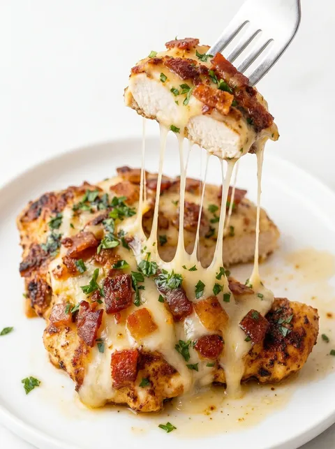 A piece of chicken with cheese and bacon on top.