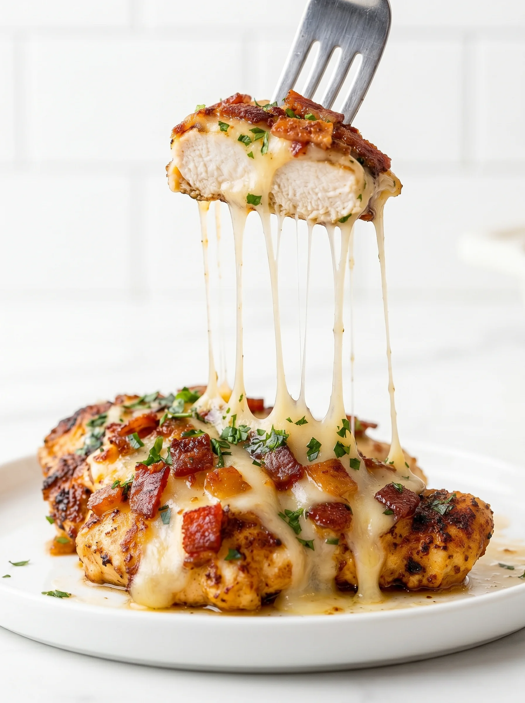 A piece of chicken with cheese dripping.