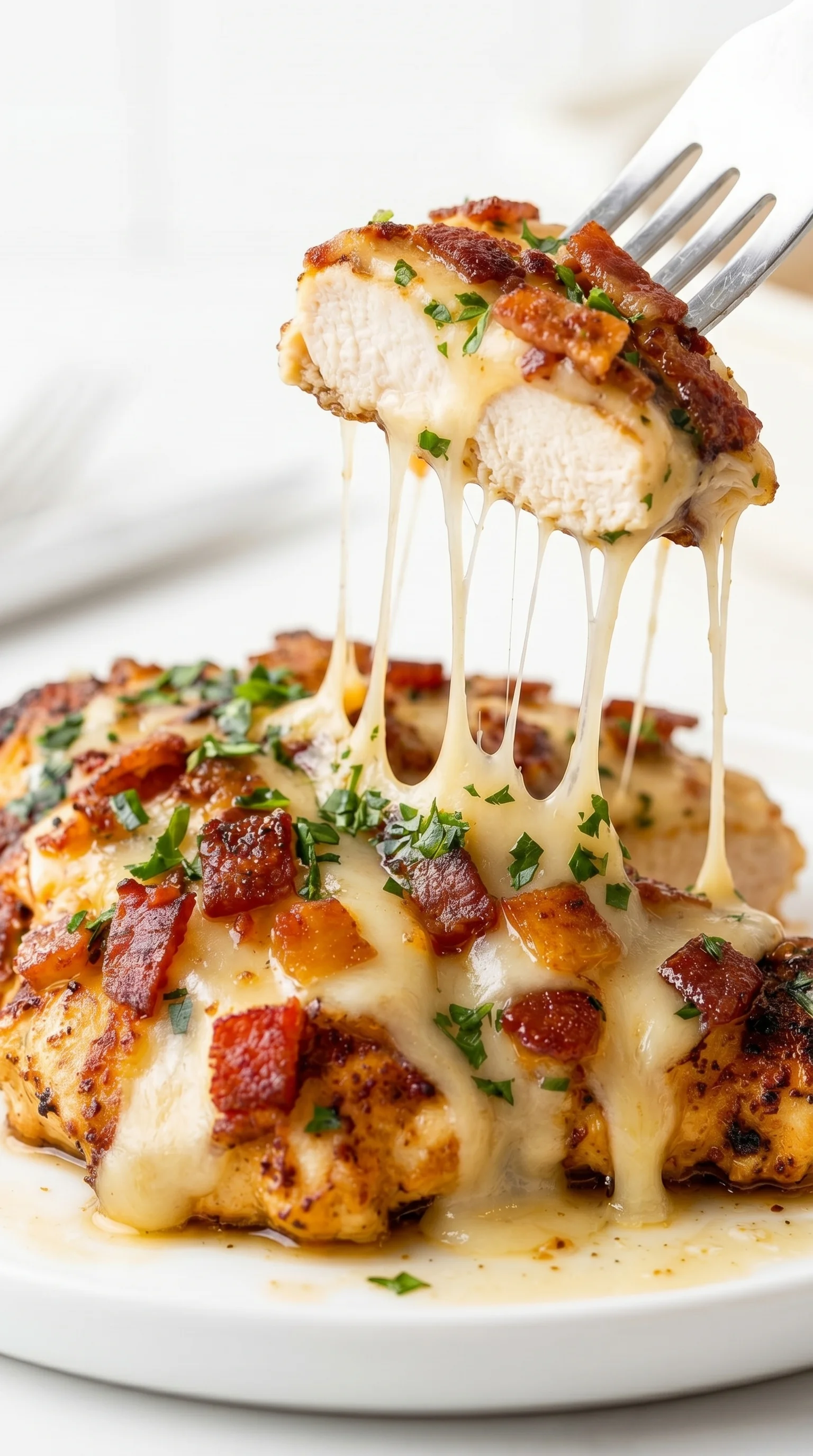 A piece of chicken with cheese dripping off of it.