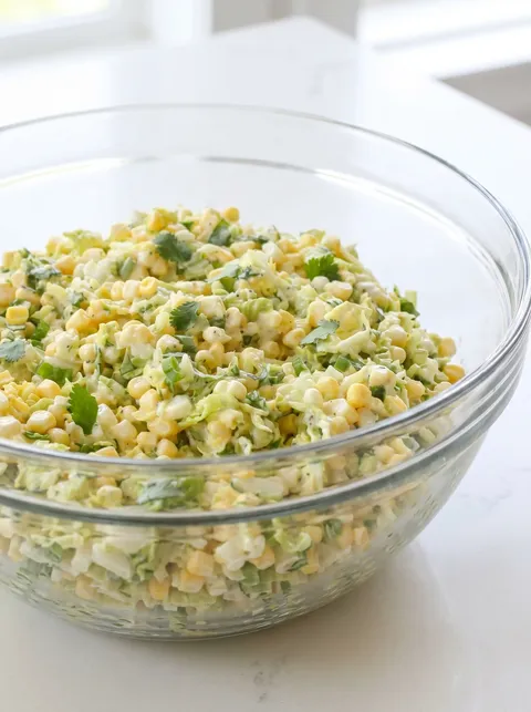 A bowl of jalapeno corn coleslaw.