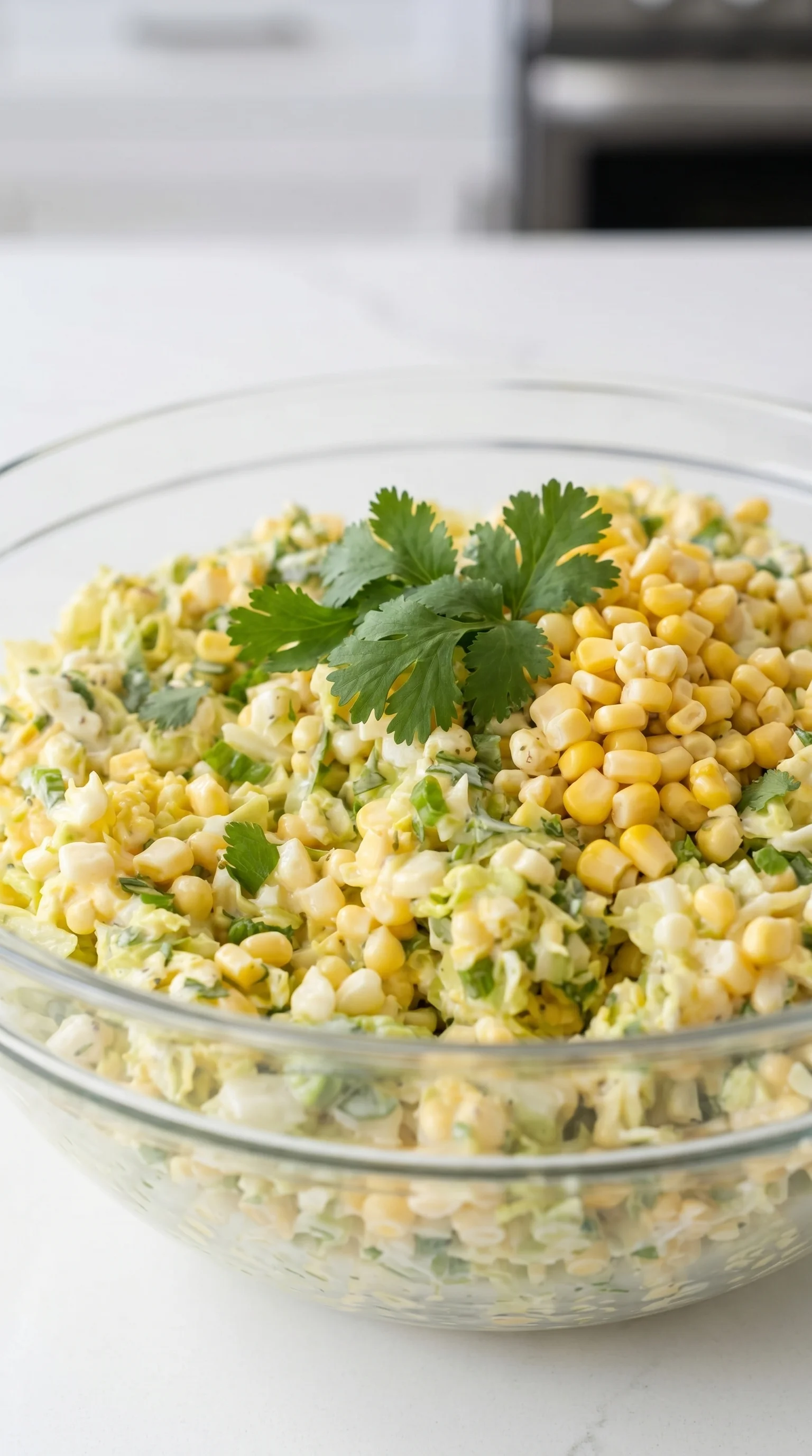 A bowl of yummy jalapeno corn coleslaw.