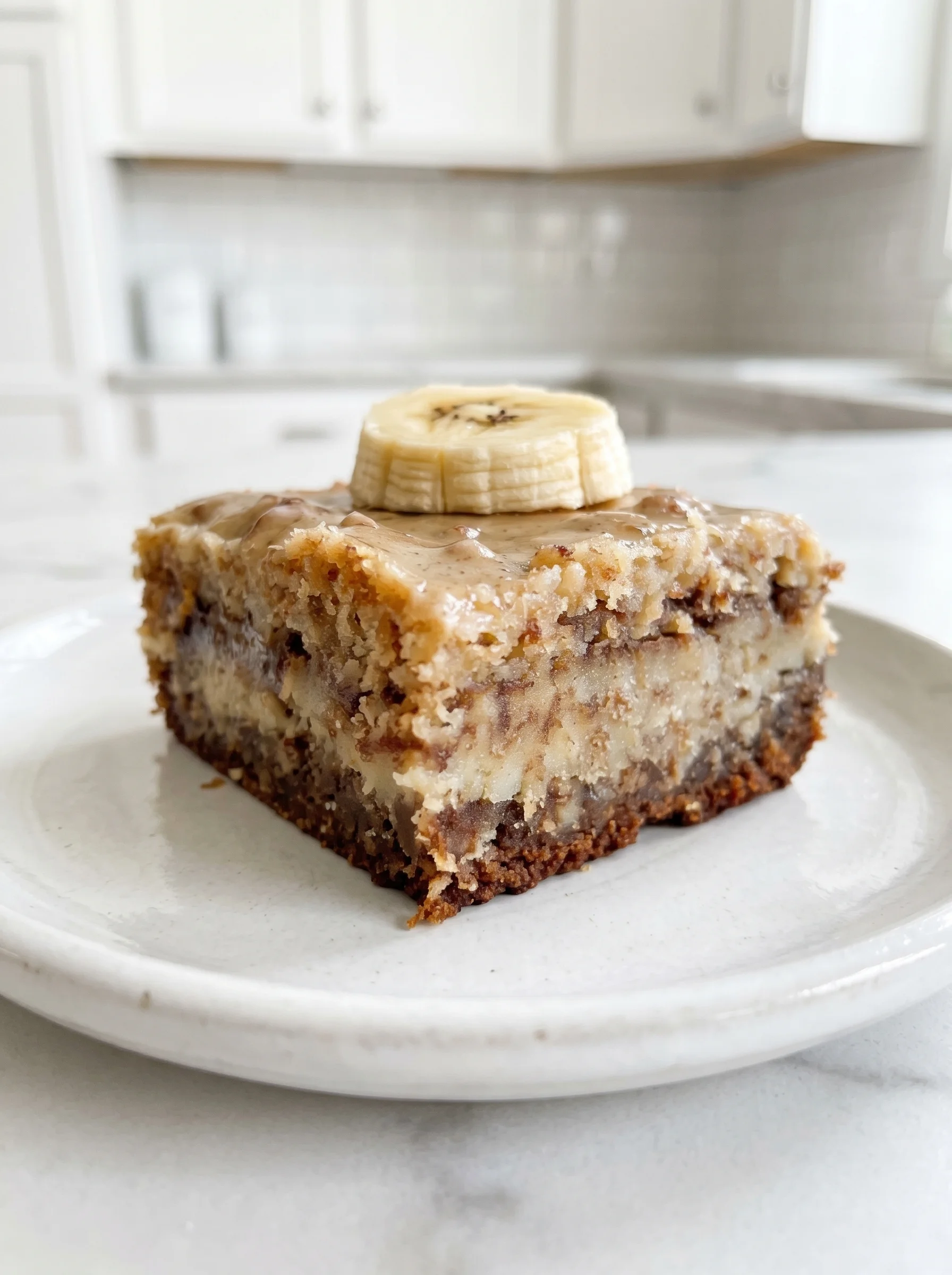 A slice of banana bread with a banana on top.