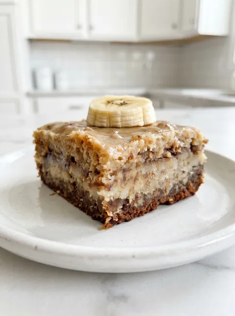 A slice of banana bread with a banana on top.