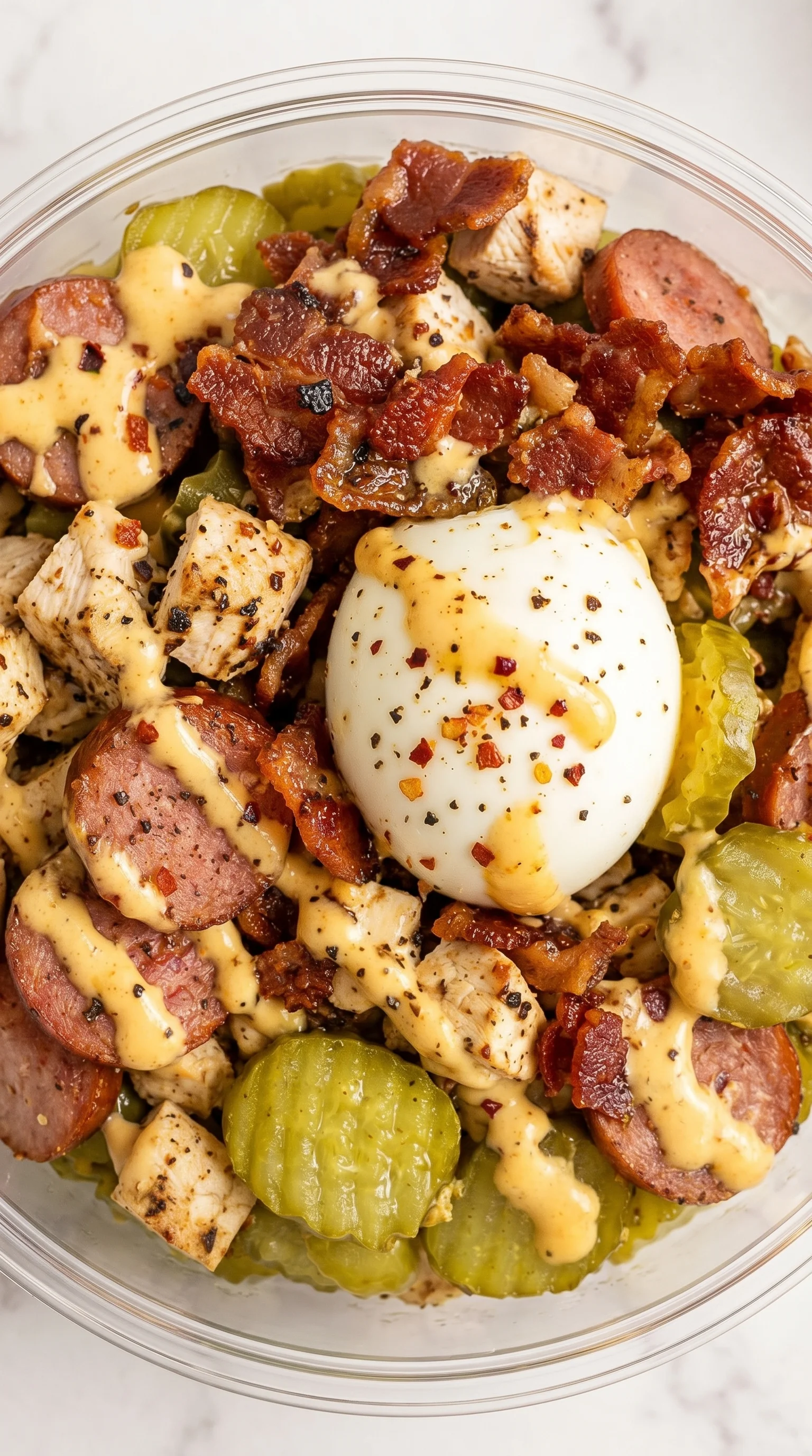 A loaded pickle protein bowl with chicken, bacon, and an egg.