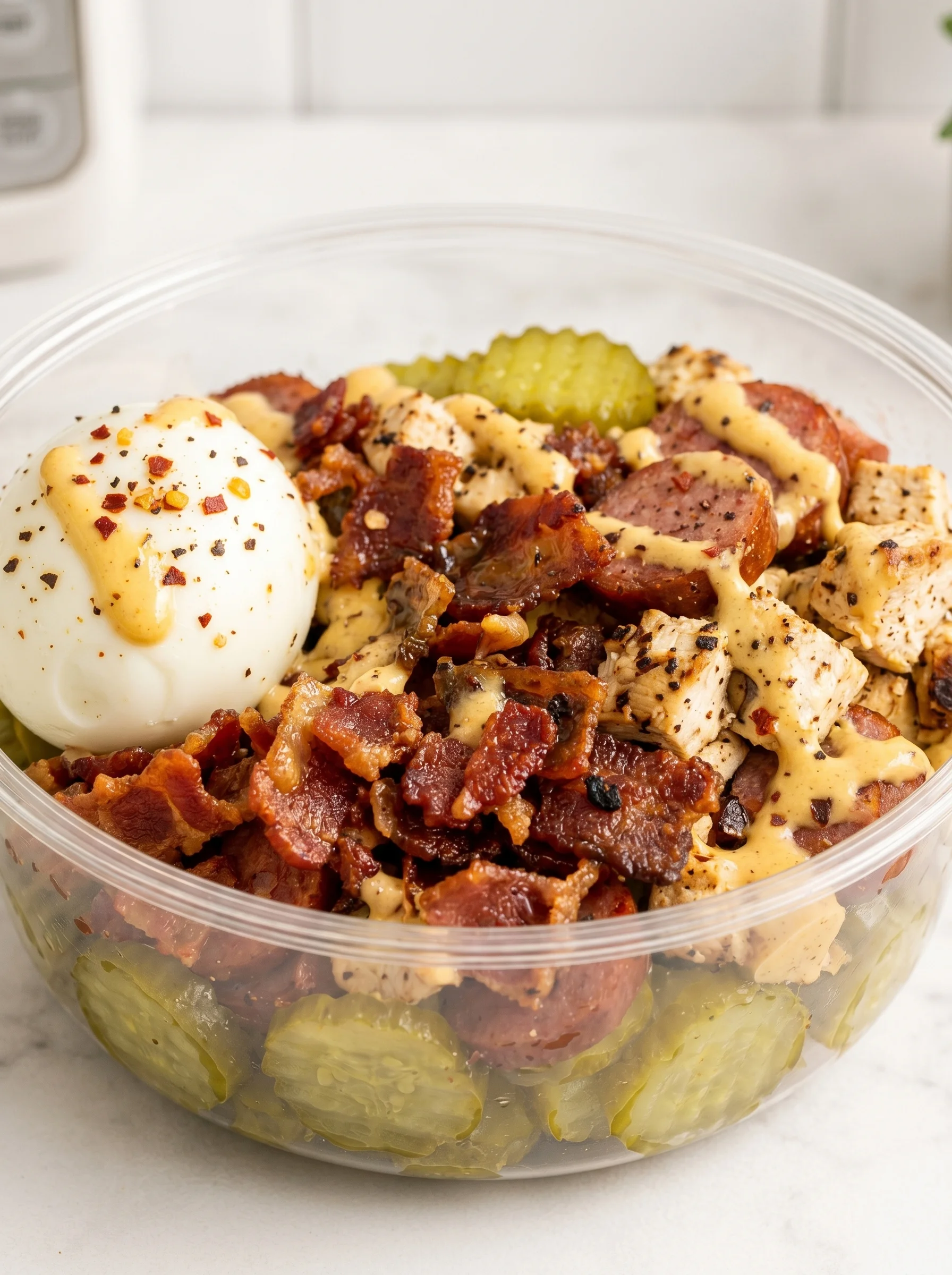 A loaded pickle protein bowl.
