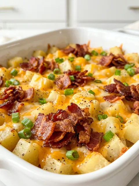 A white bowl filled with bacon, potatoes, and cheese.