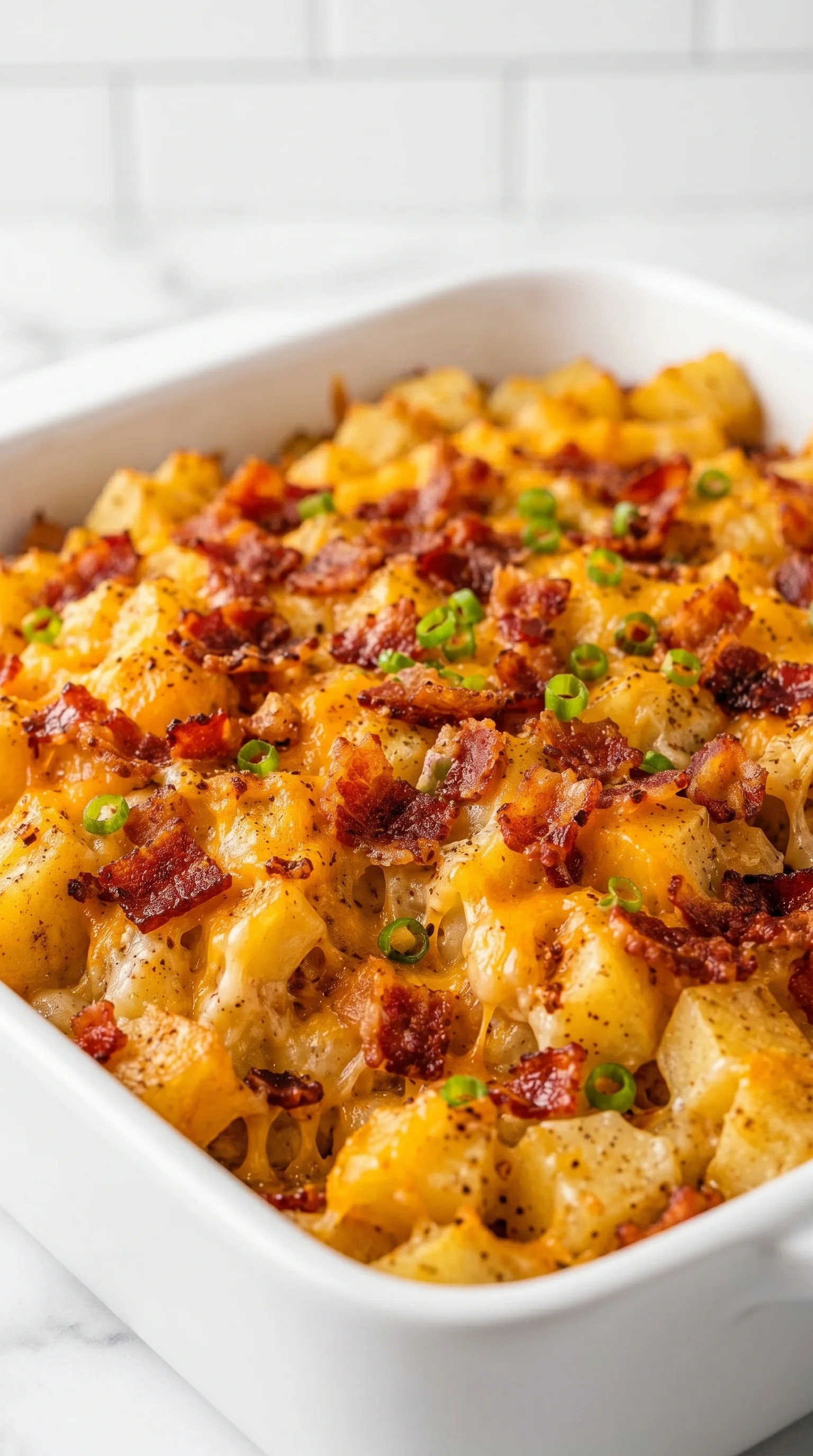 A dish of bacon and cheese covered potatoes.