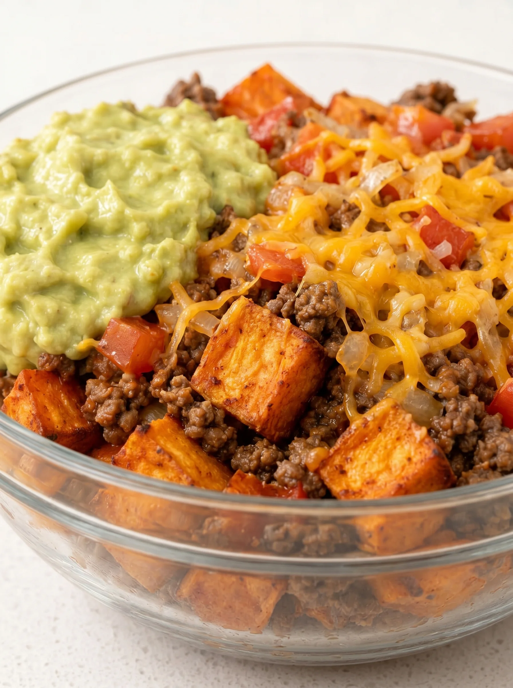 A bowl of food with a sweet potato and beef.