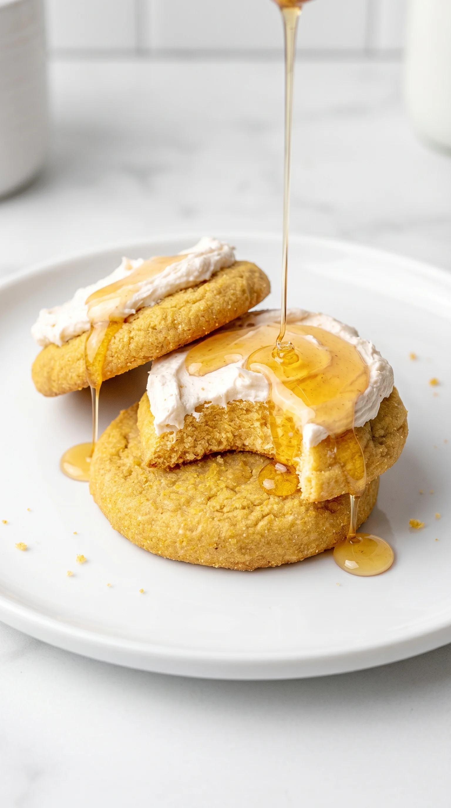 Two cornbread cookies with honey butter frosting.
