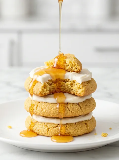 A stack of cornbread cookies with honey butter frosting.