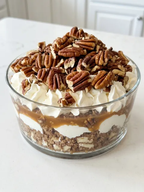 A close up of a yummy pecan pie cheesecake trifle.