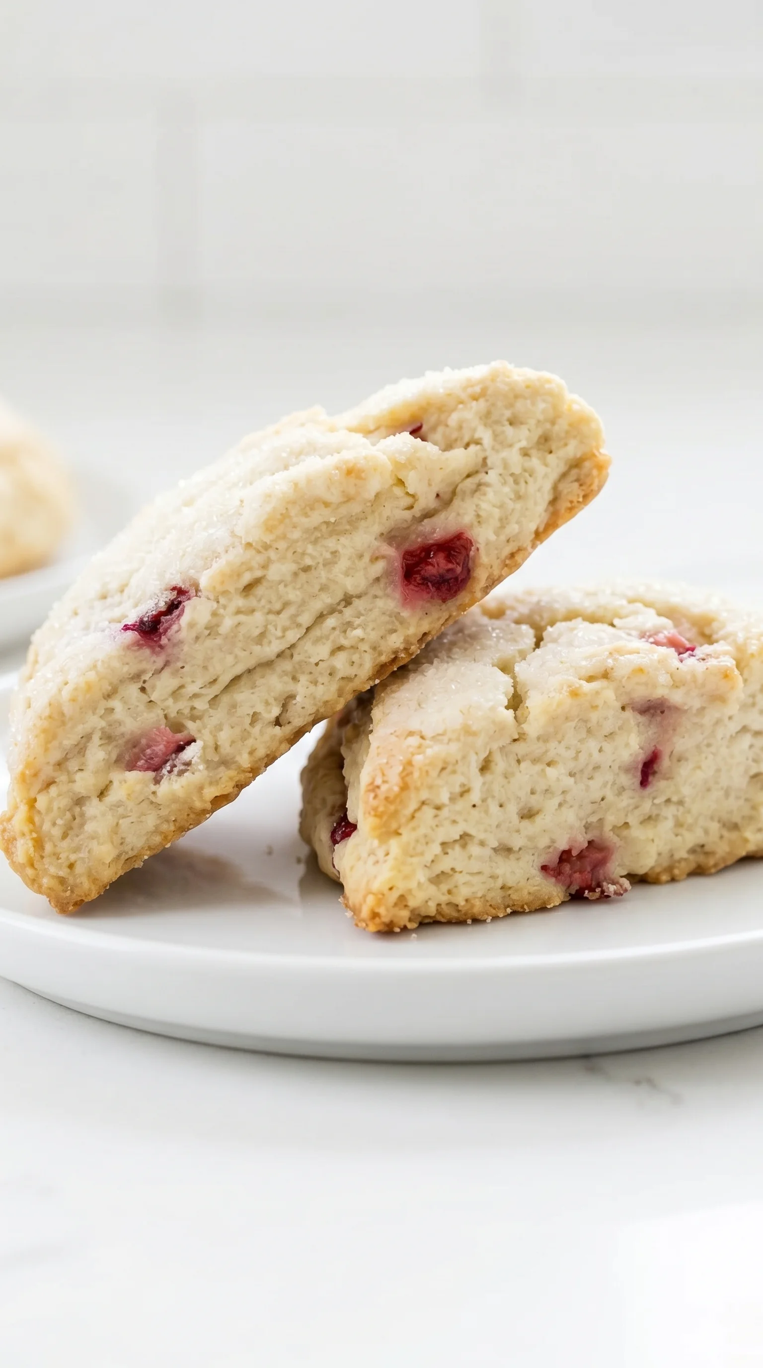Two scones with strawberries on top.
