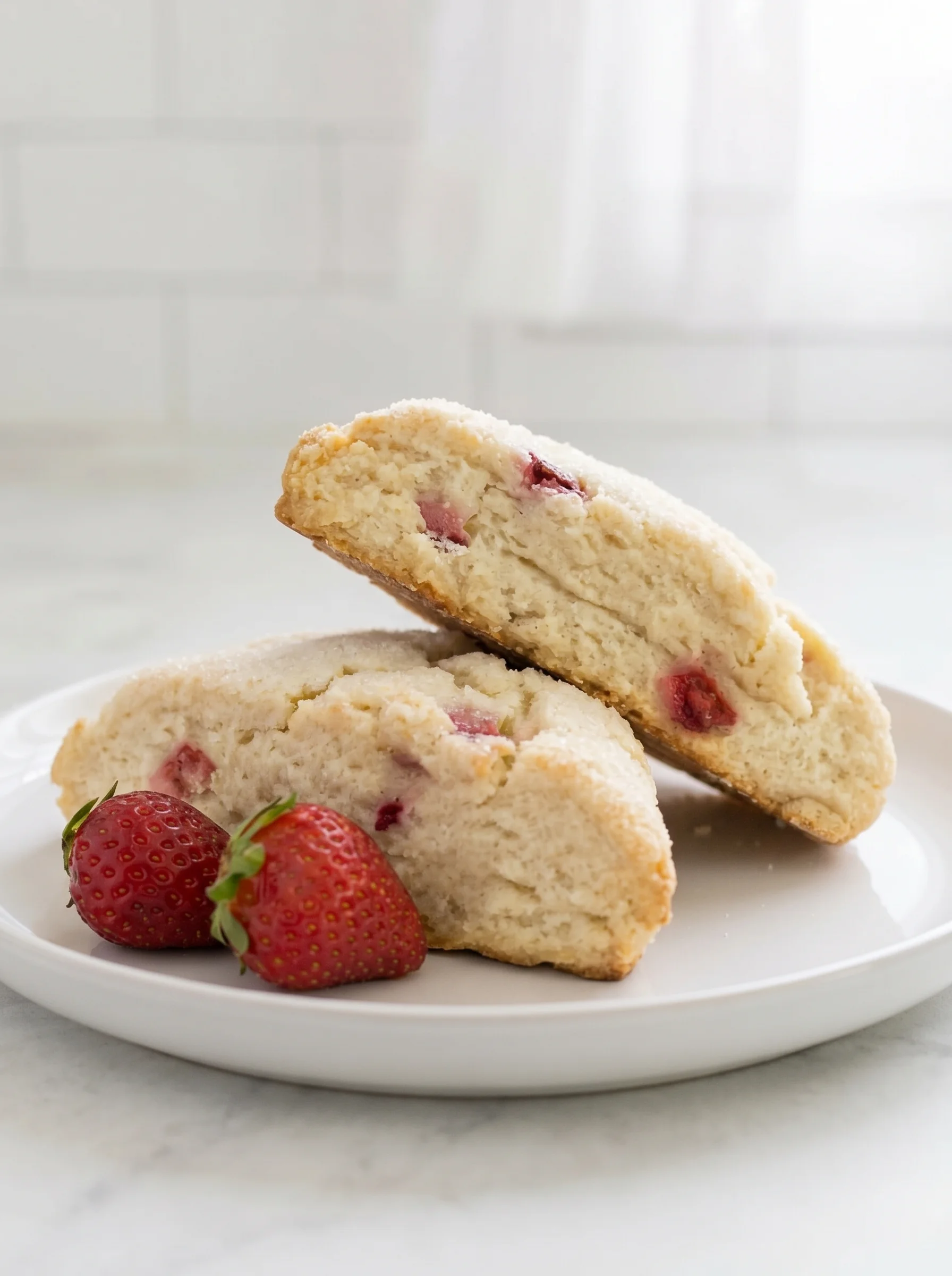 Two scones with strawberries on a plate.