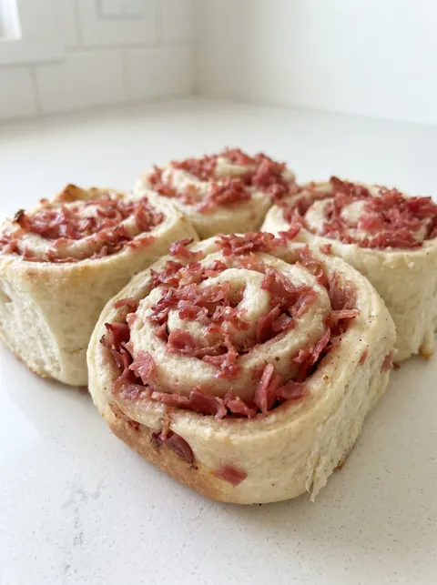 A plate of bacon wrapped rolls.