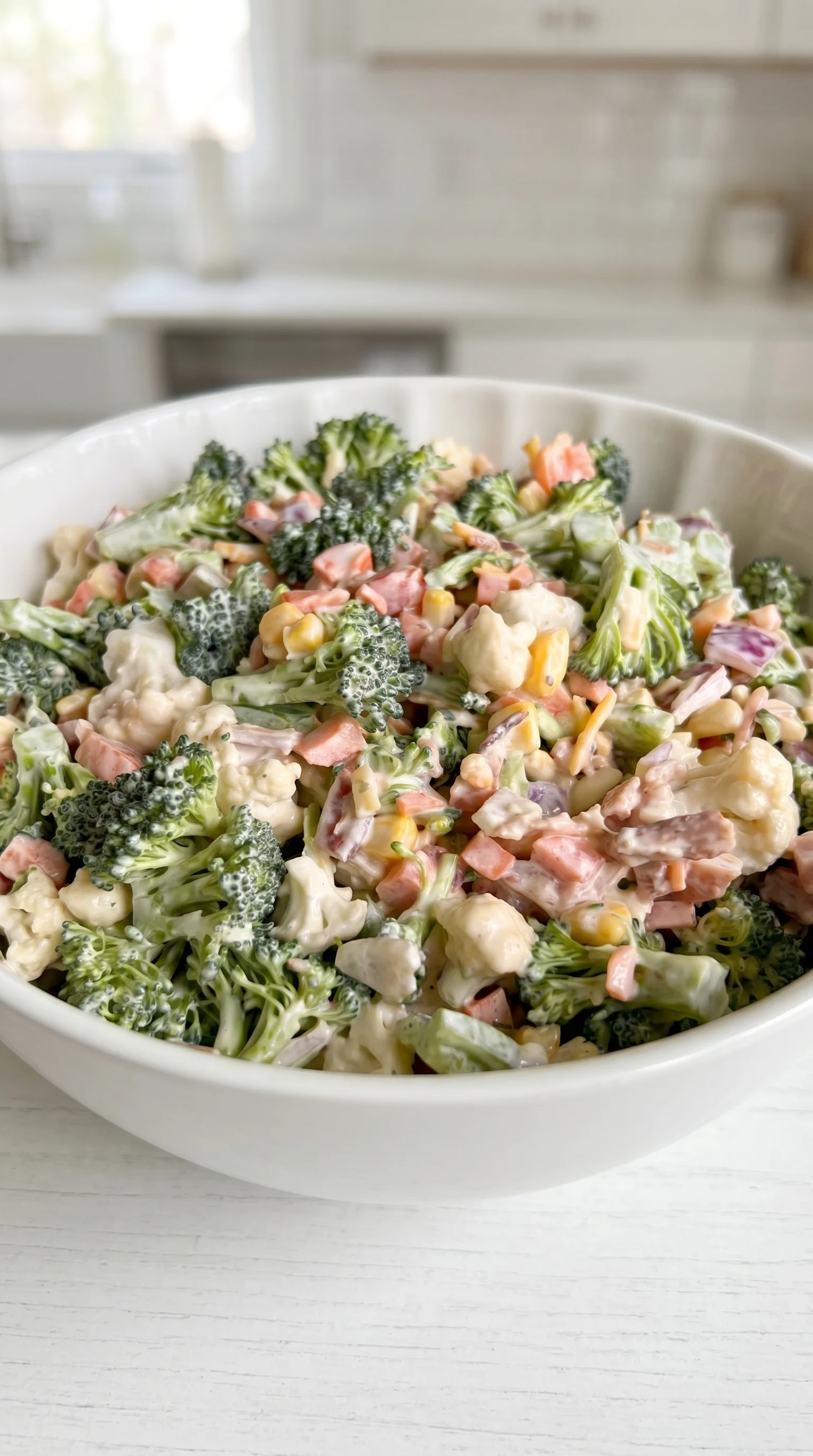 A bowl of chopped salad with broccoli, cauliflower, and corn.
