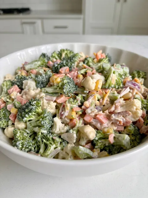 A bowl of chopped salad with broccoli and bacon.