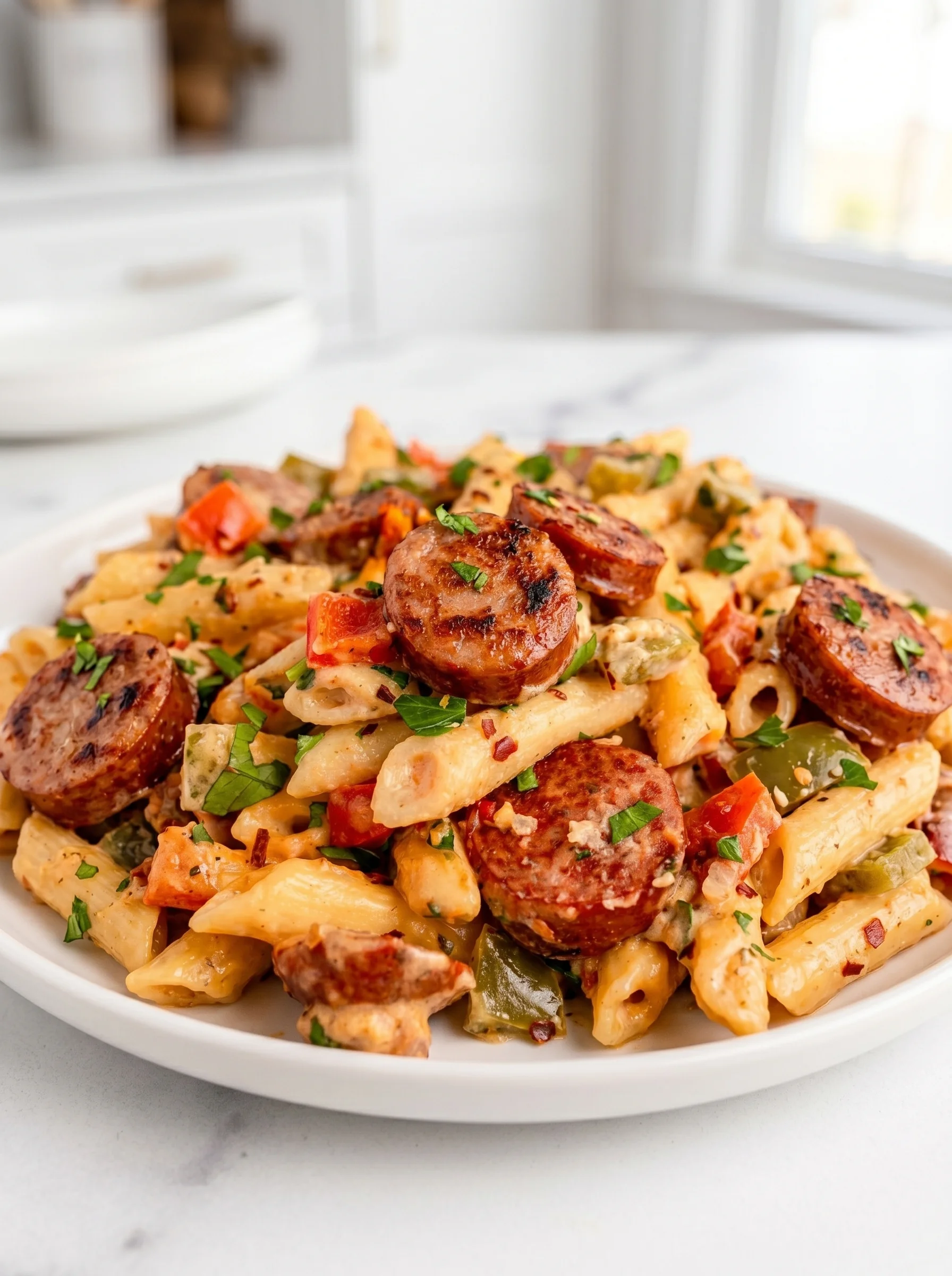 A plate of pasta with sausage and peppers.