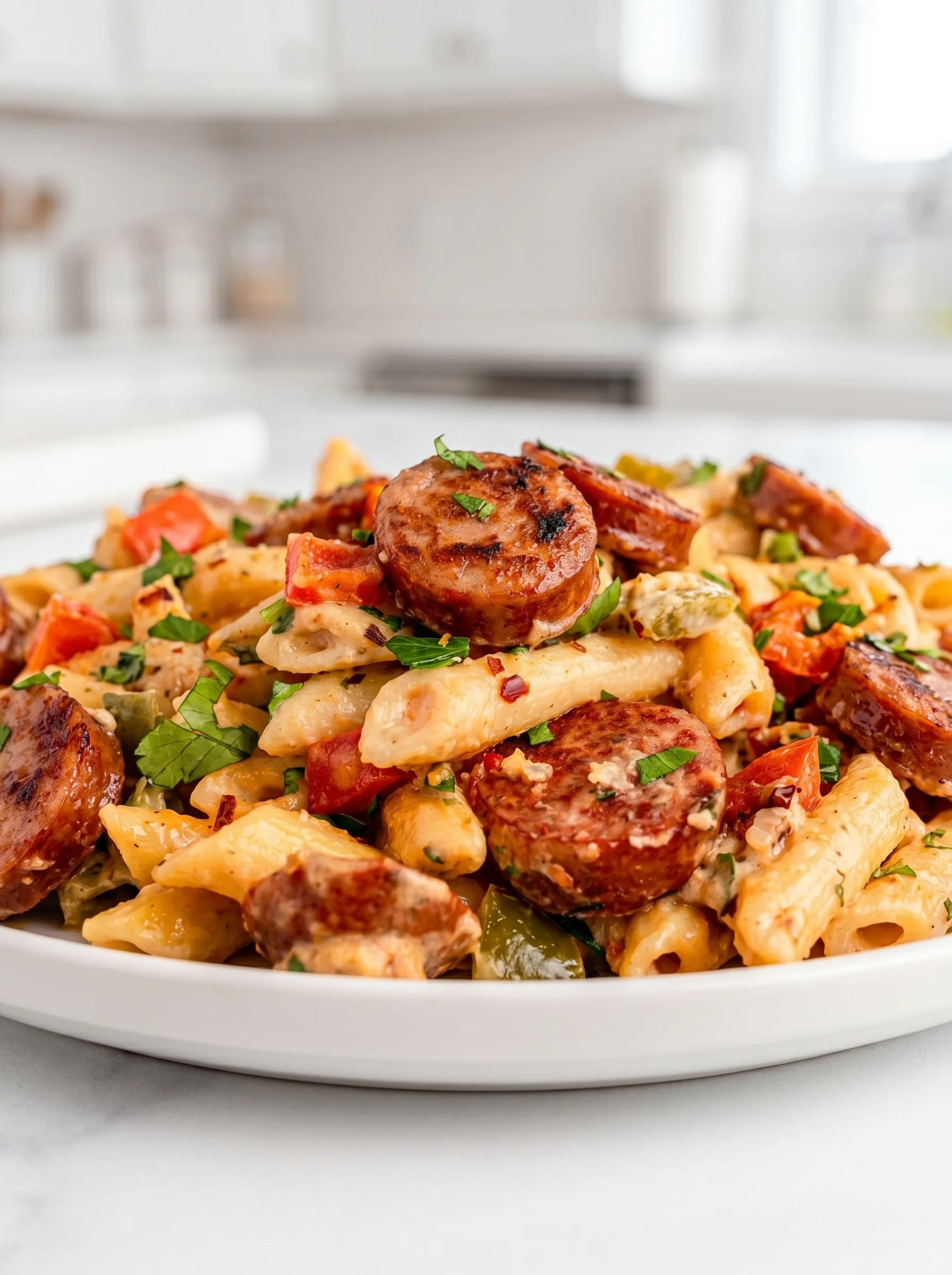 A plate of pasta with meat on top.