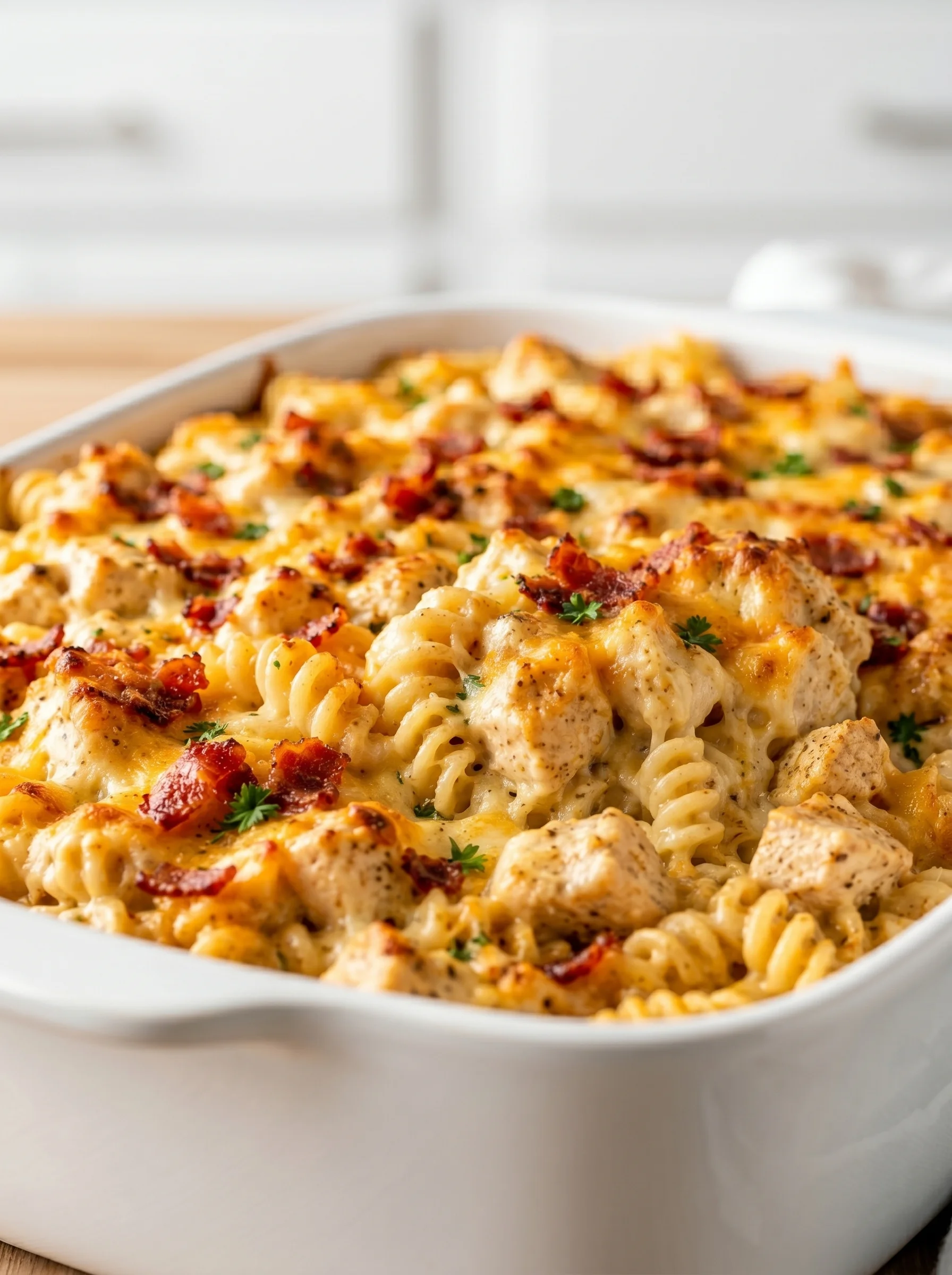 A delicious cheesy chicken and bacon pasta bake.