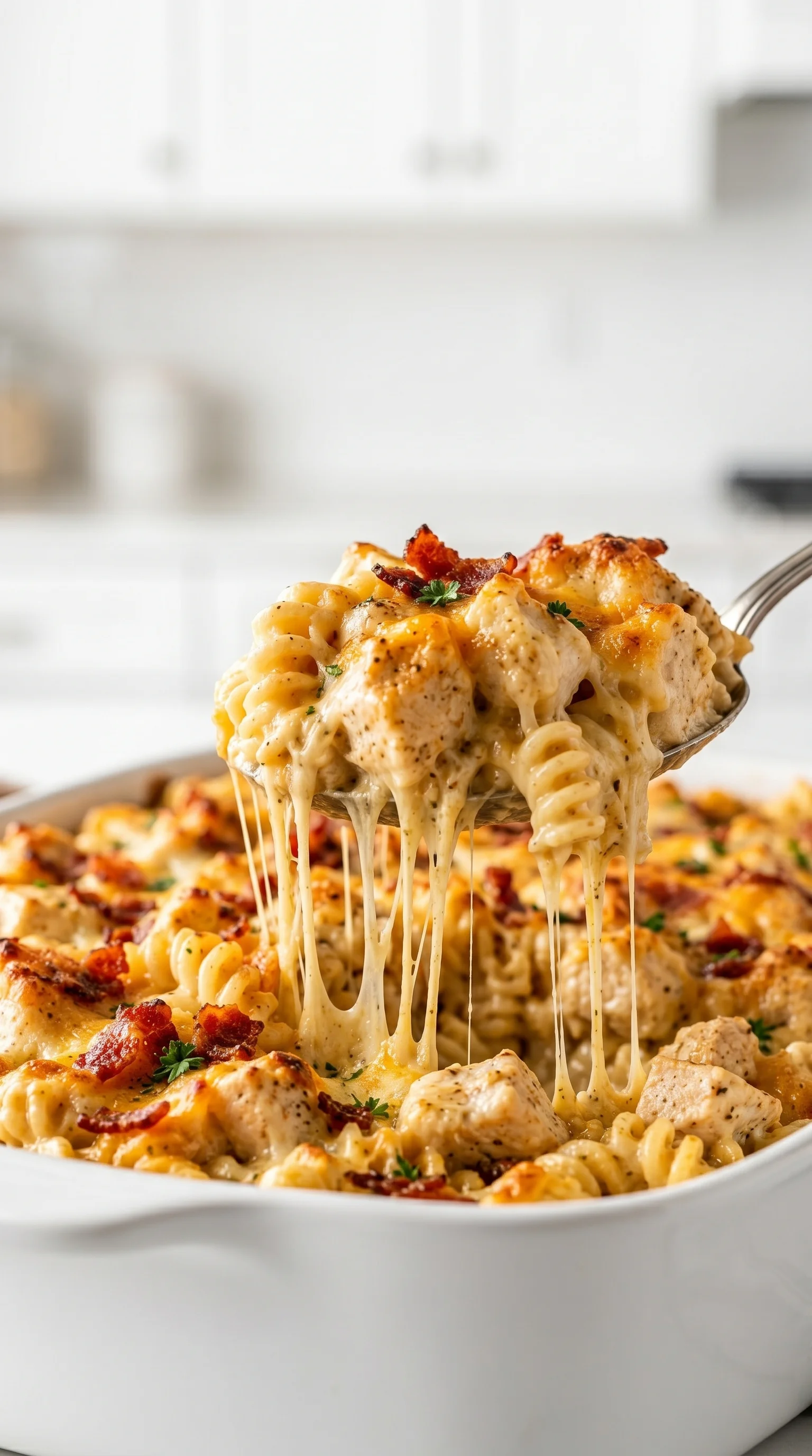 A fork is being used to serve a cheesy chicken and bacon pasta bake.