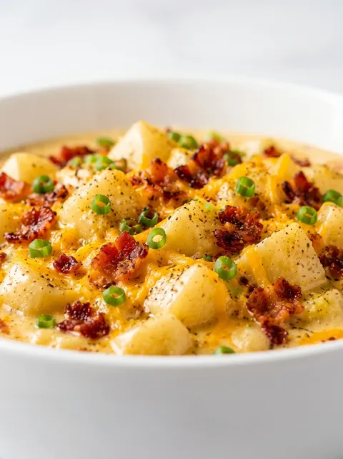 A bowl of soup with bacon and potatoes.