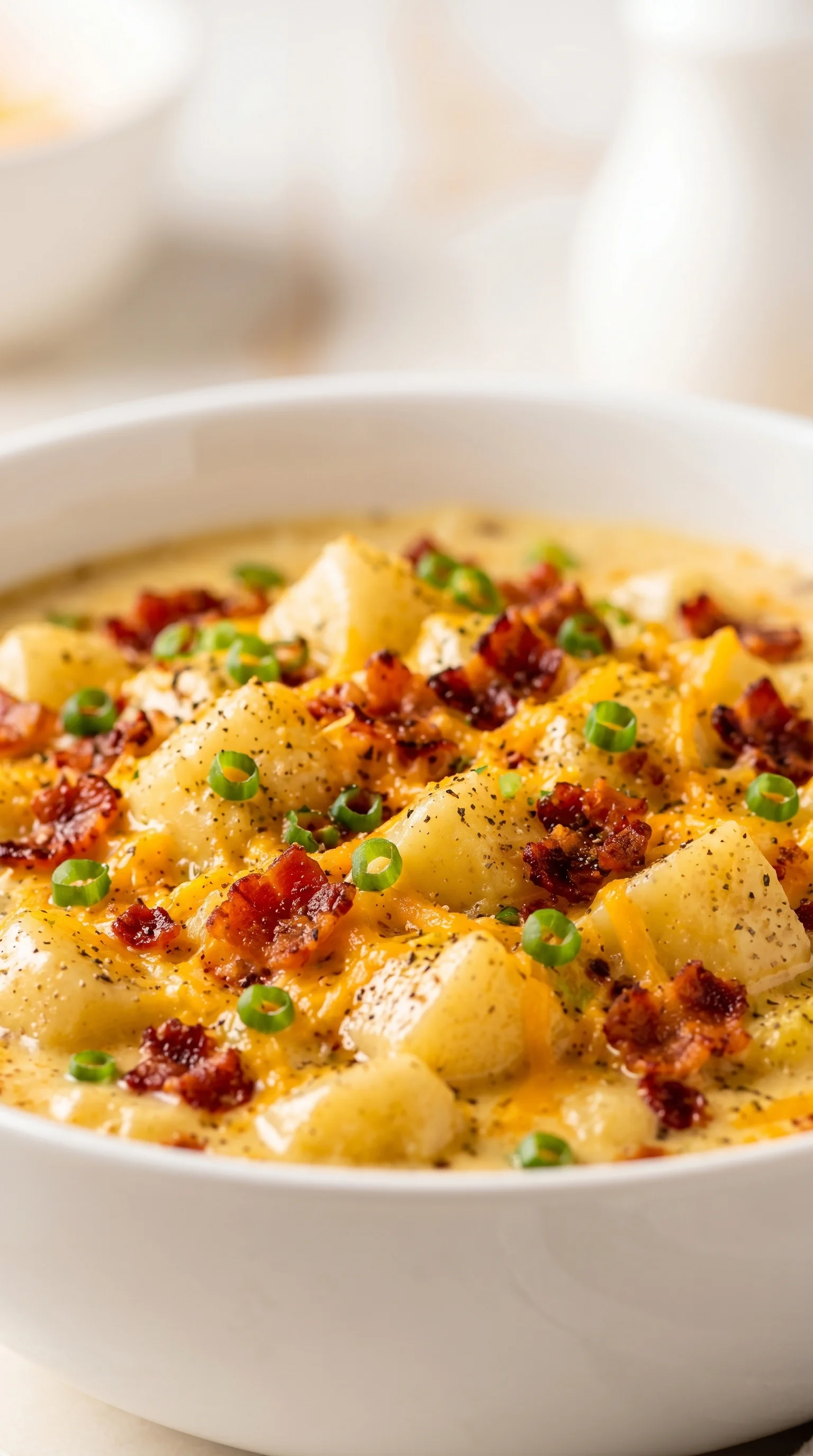 A close up of a crock pot filled with potato soup.
