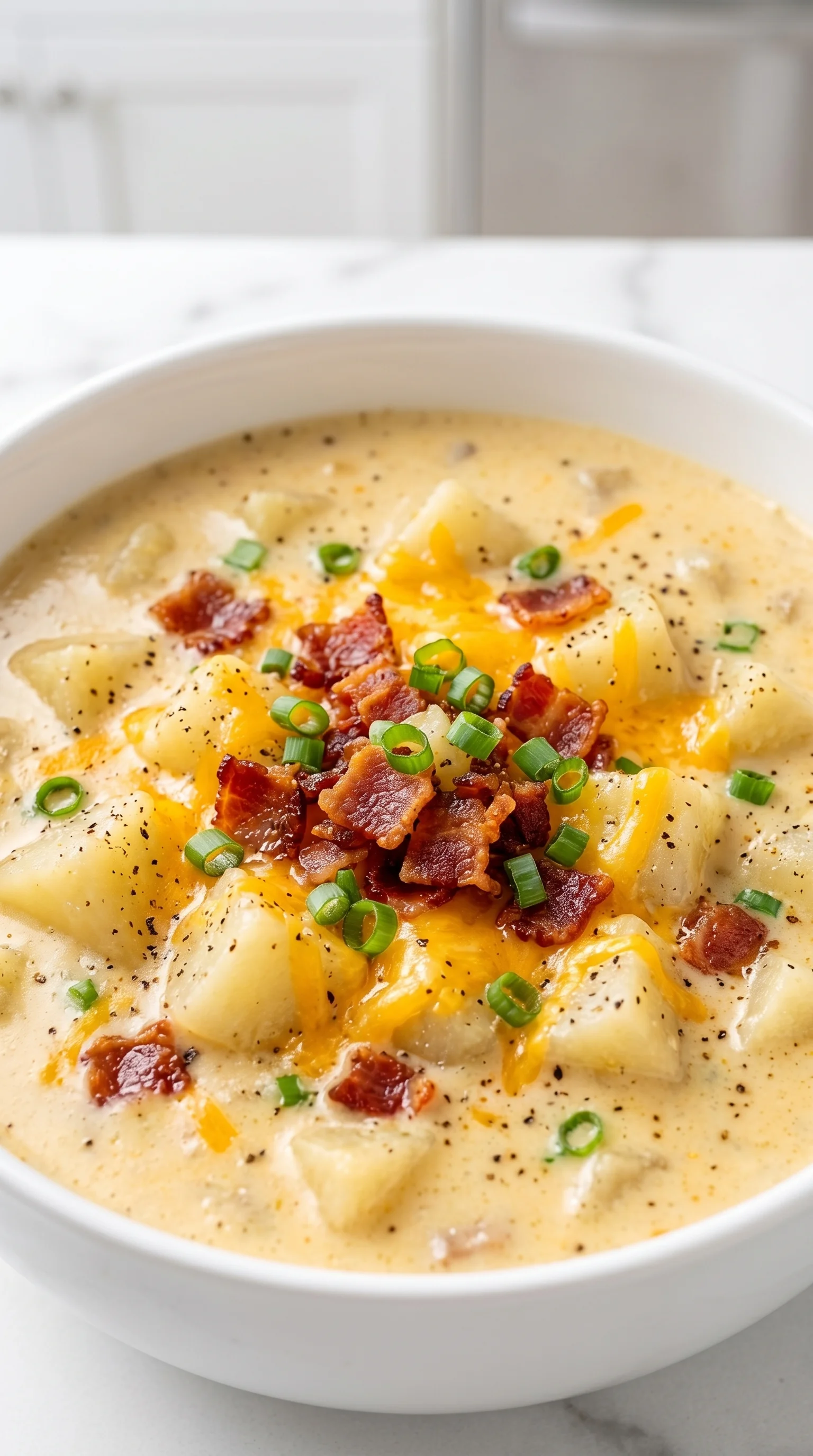 A bowl of soup with bacon and green onions.