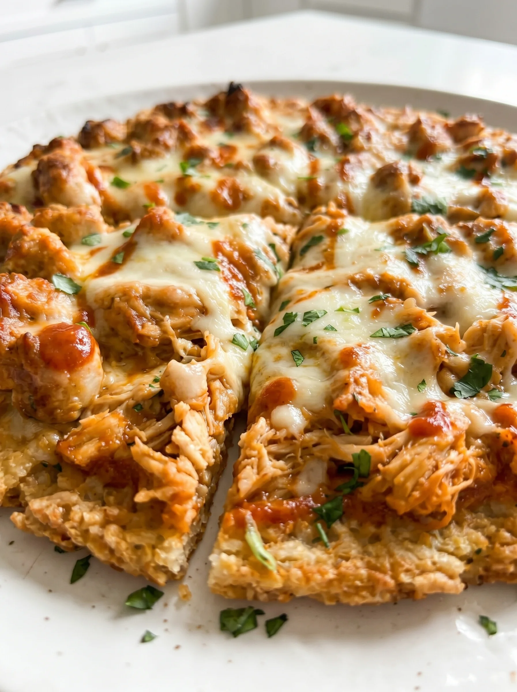 A slice of delicious buffalo chicken rice crust pizza.