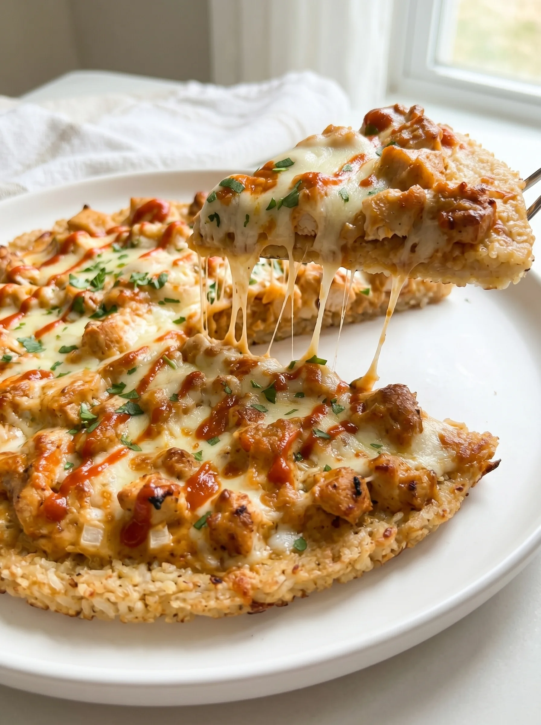 A slice of buffalo chicken rice crust pizza.