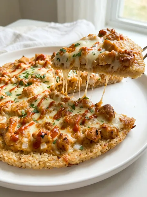 A slice of buffalo chicken rice crust pizza.