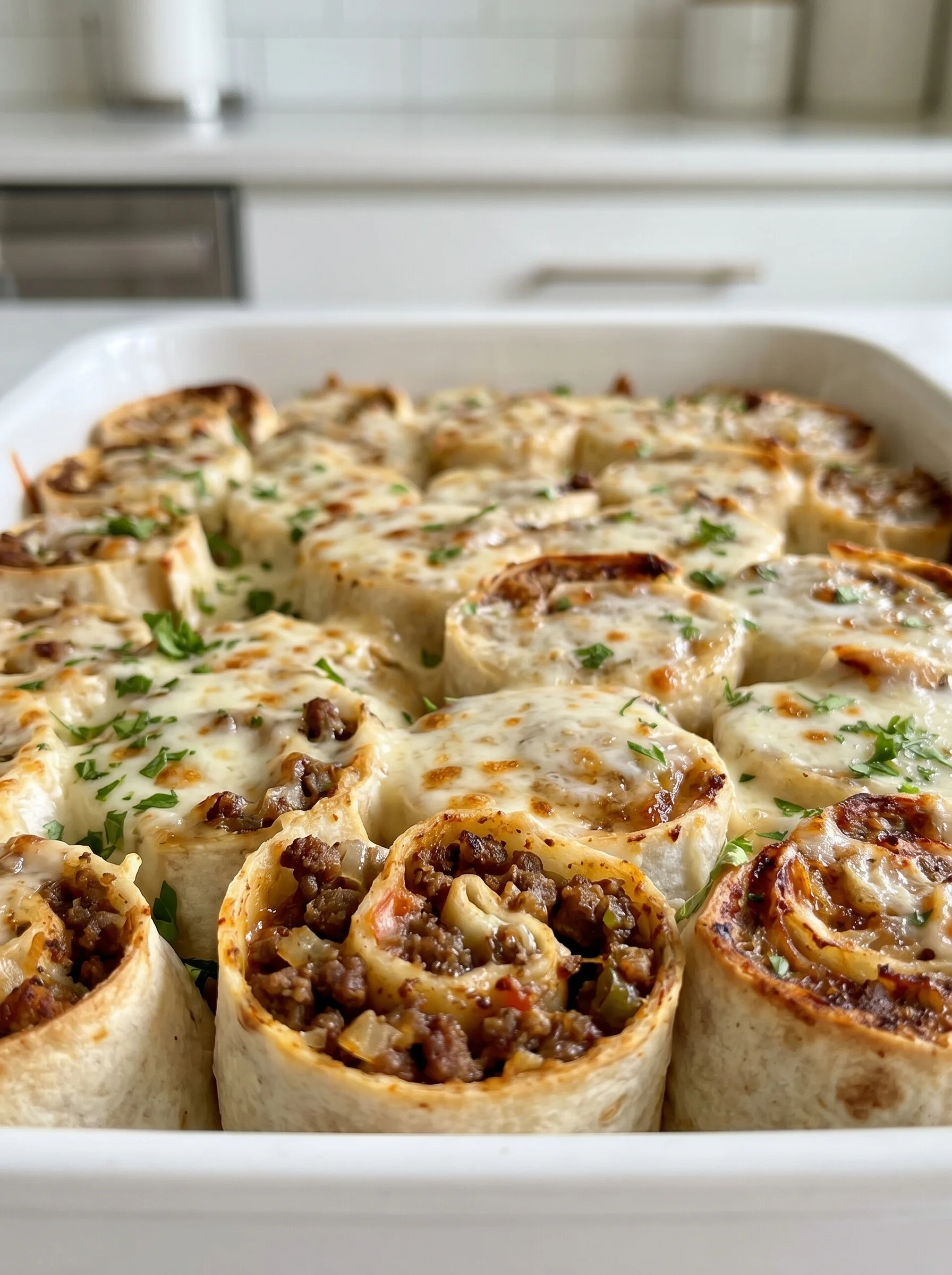 A tray of ground beef tortilla roll ups.