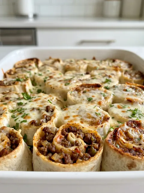 A tray of ground beef tortilla roll ups.