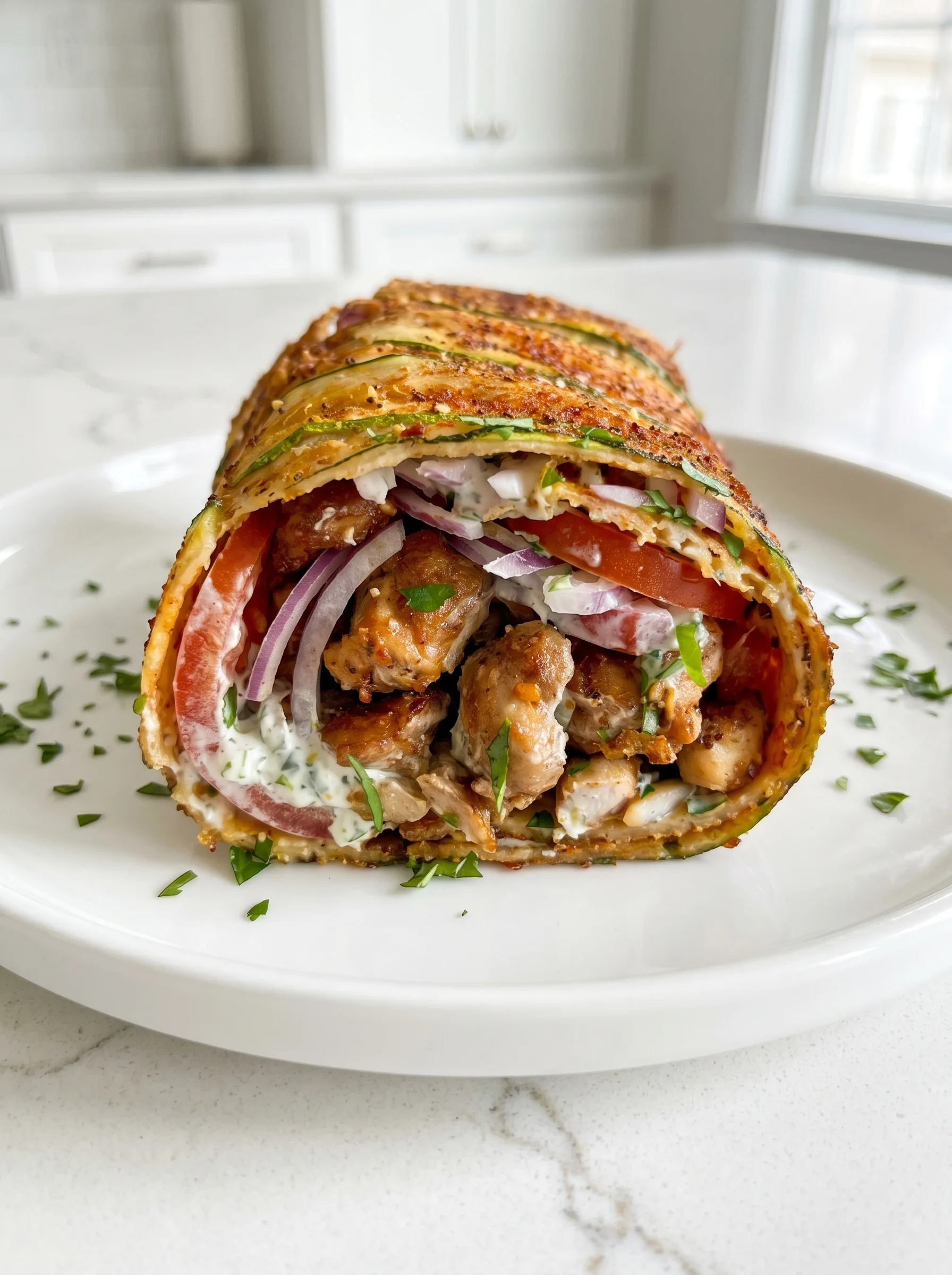 A chicken gyro zucchini roll on a plate.