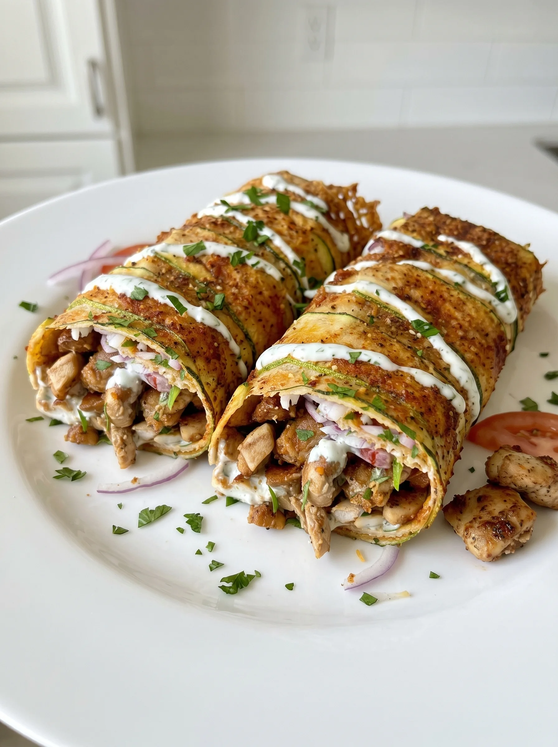 A plate with two chicken gyro zucchini rolls.