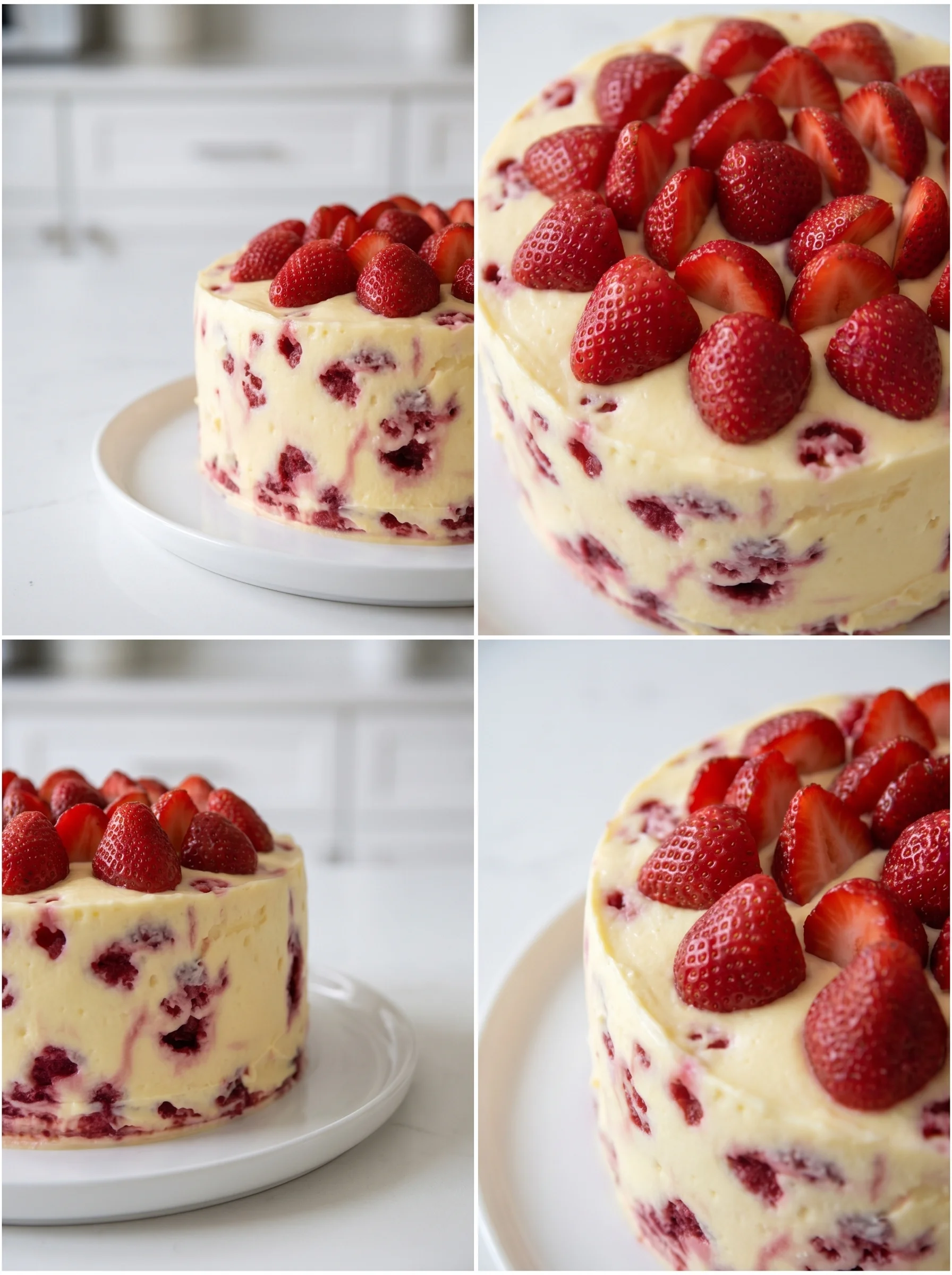 A close up of a strawberry cheesecake pound cake.