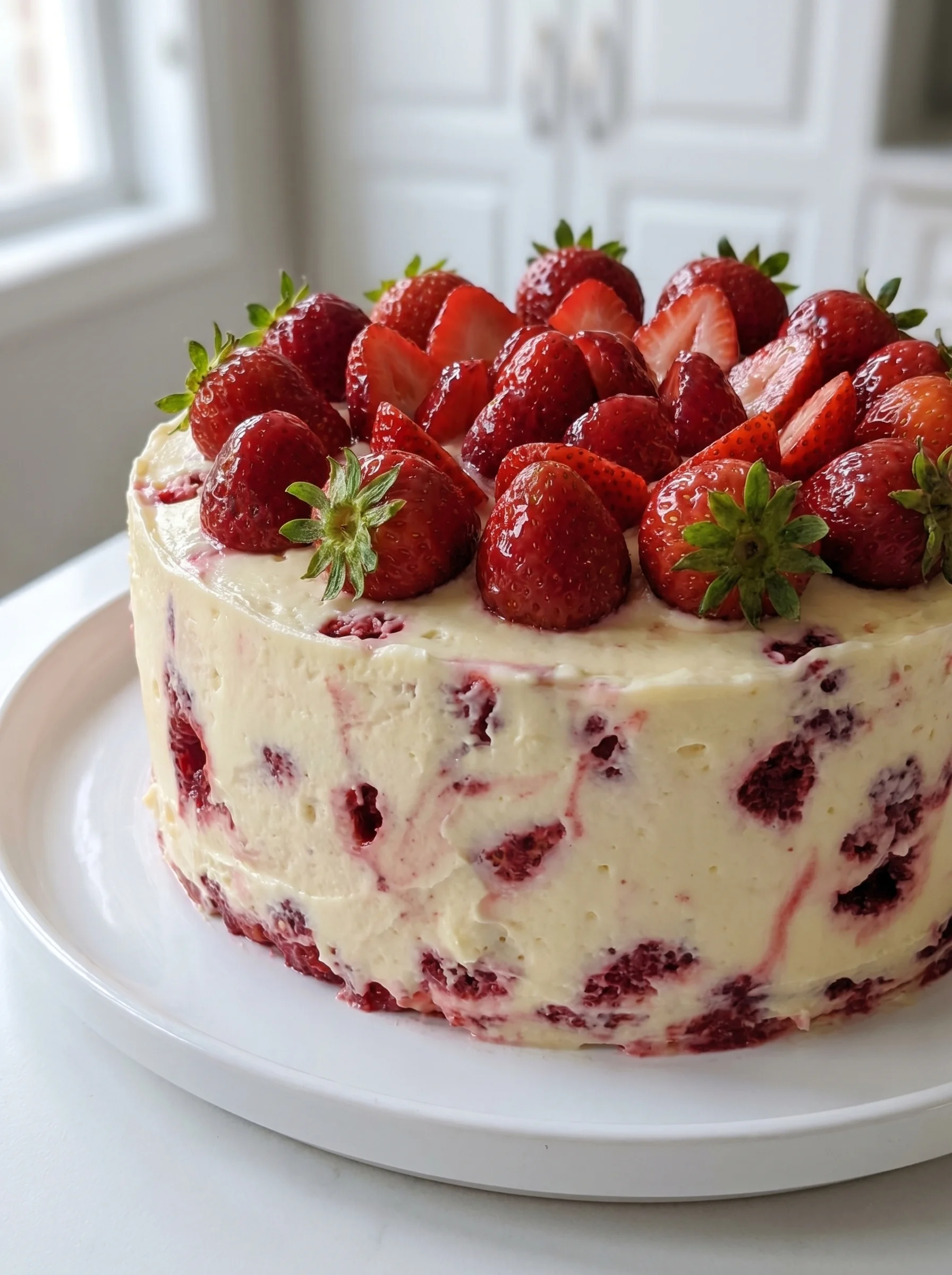 A strawberry cheesecake pound cake with strawberries on top.