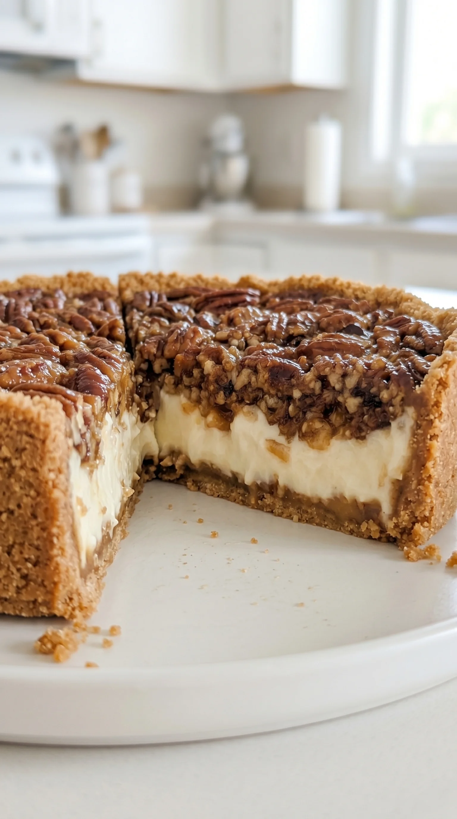 A slice of pecan cheesecake pie.