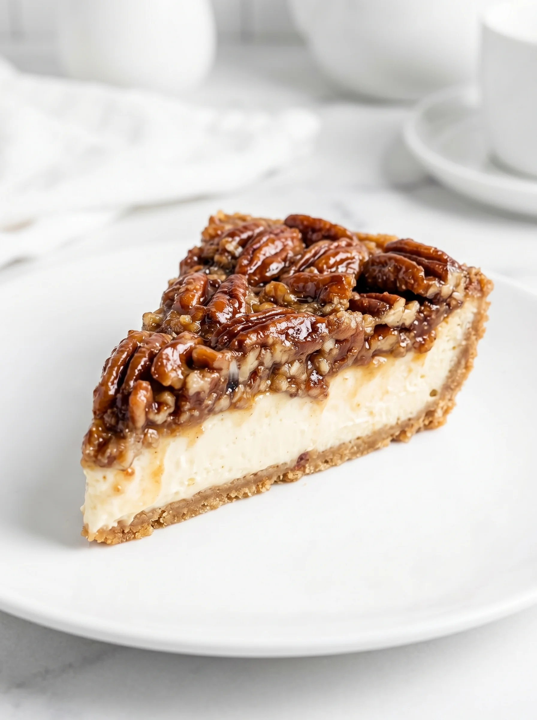 A slice of pecan cheesecake pie.