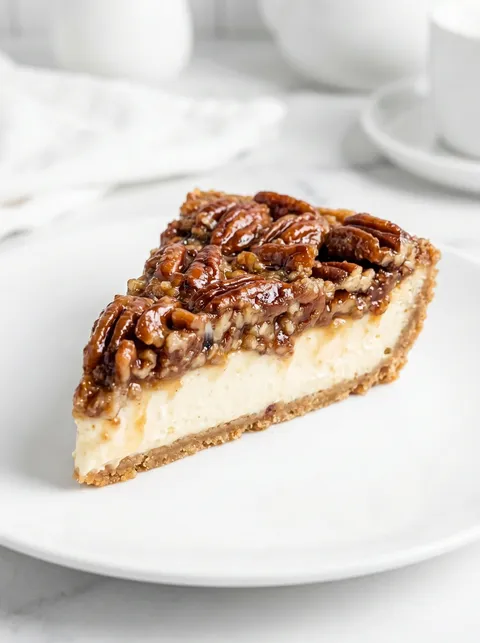 A slice of pecan cheesecake pie.