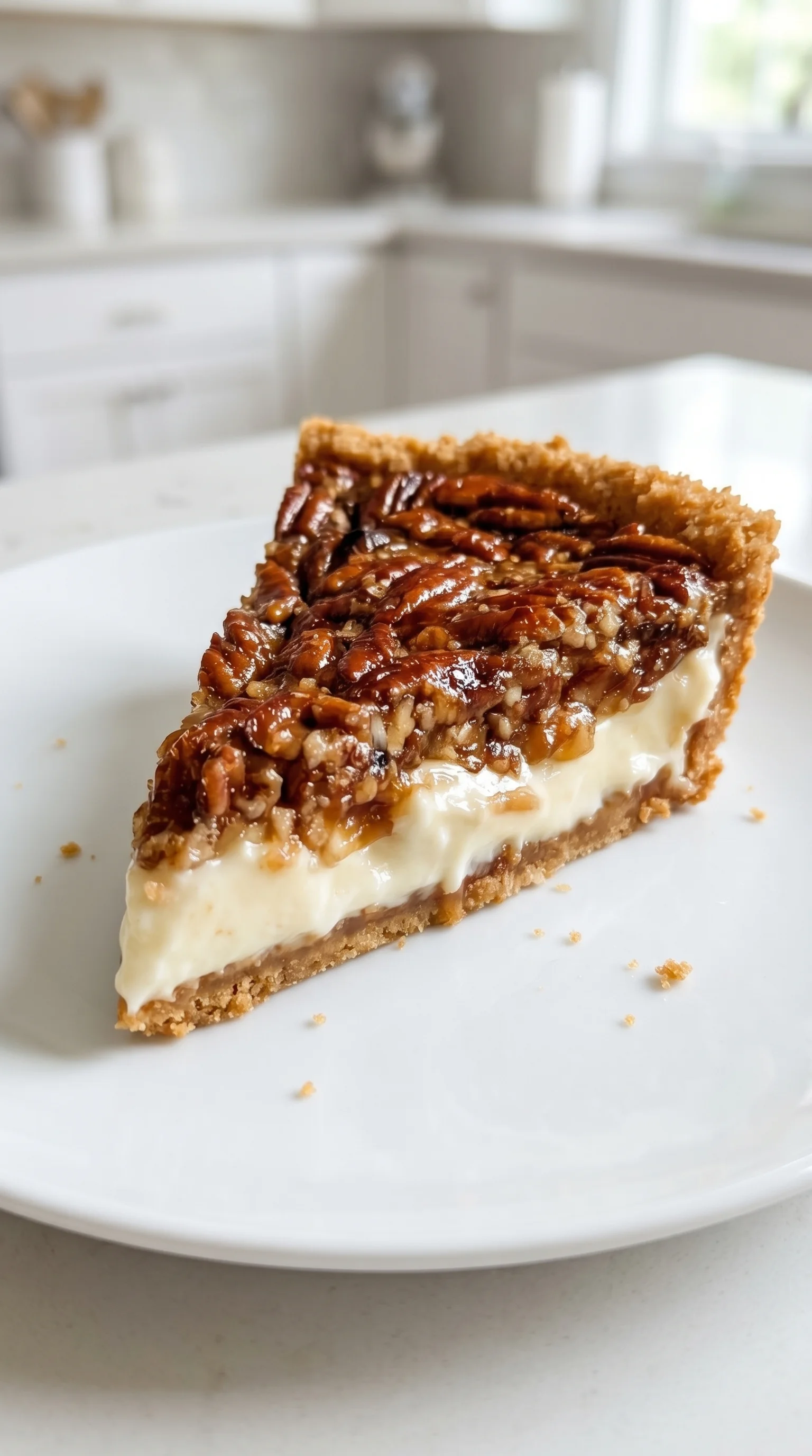 A slice of delicious pecan cheesecake pie.